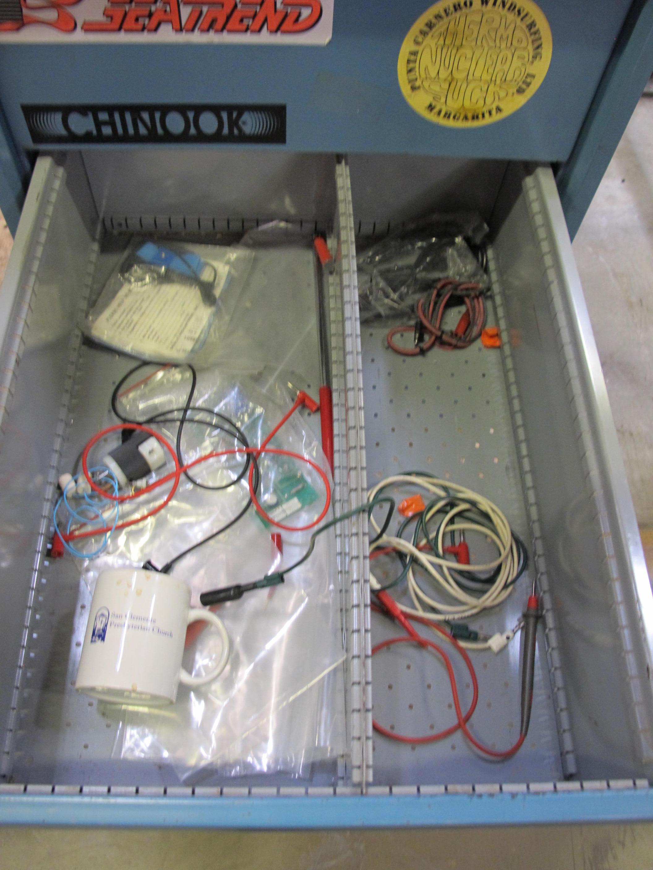 LISTA INDUSTRIAL WORK DESK, BUTCHER BLOCK TABLE TOP 48"L X 30"W, SHELF, 4 DRAWER CABINET WITH CONTENTS TO INCLUDE: FITTINGS, MISC. OFFICE SUPPLIES, WIRING. LOADING & HANDLING $15-1695