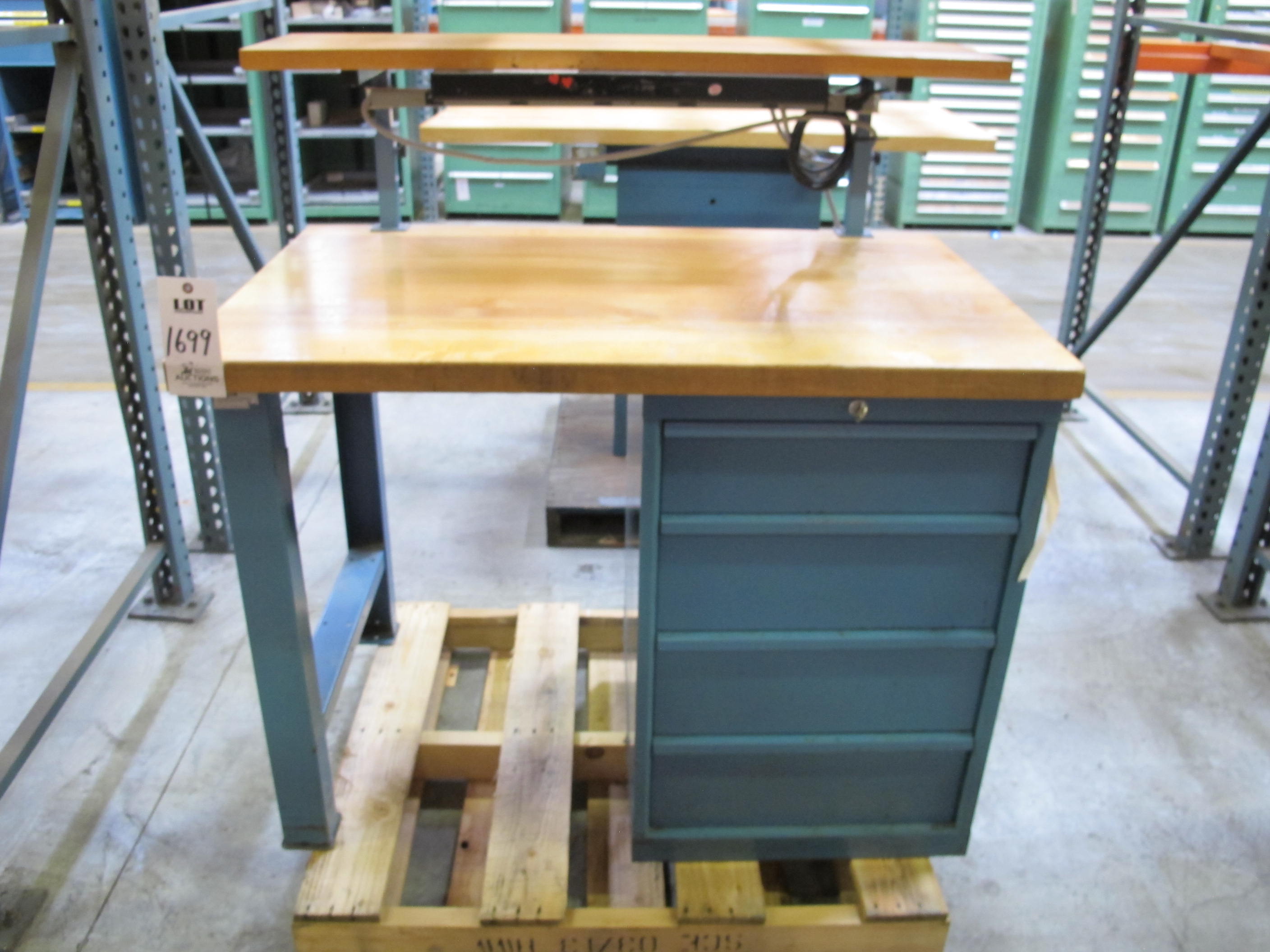 LISTA INDUSTRIAL WORK DESK, BUTCHER BLOCK TABLE TOP 48"L X 30"W, 4 DRAWER CABINET WITH CONTENTS TO INCLUDE: EAR PLUGS, MISC. OFFICE SUPPLIES, TEST WIRING, TUBING. LOADING & HANDLING $15-1699