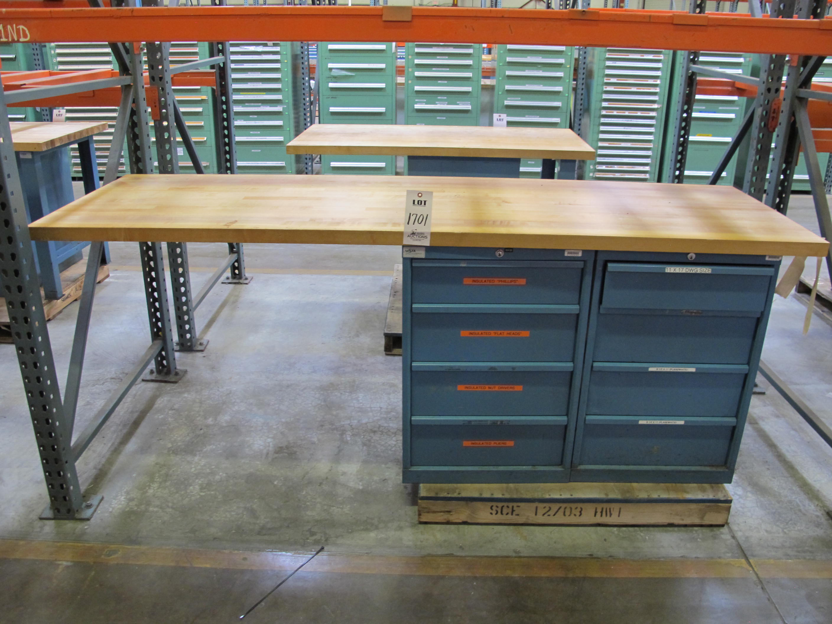 LOT TO INCLUDE: BUTCHER BLOCK TABLE TOP 96"L X 30"W, (2) LISTA 4 DRAWER CABINETS WITH CONTENTS. LOADING & HANDLING $15-1701