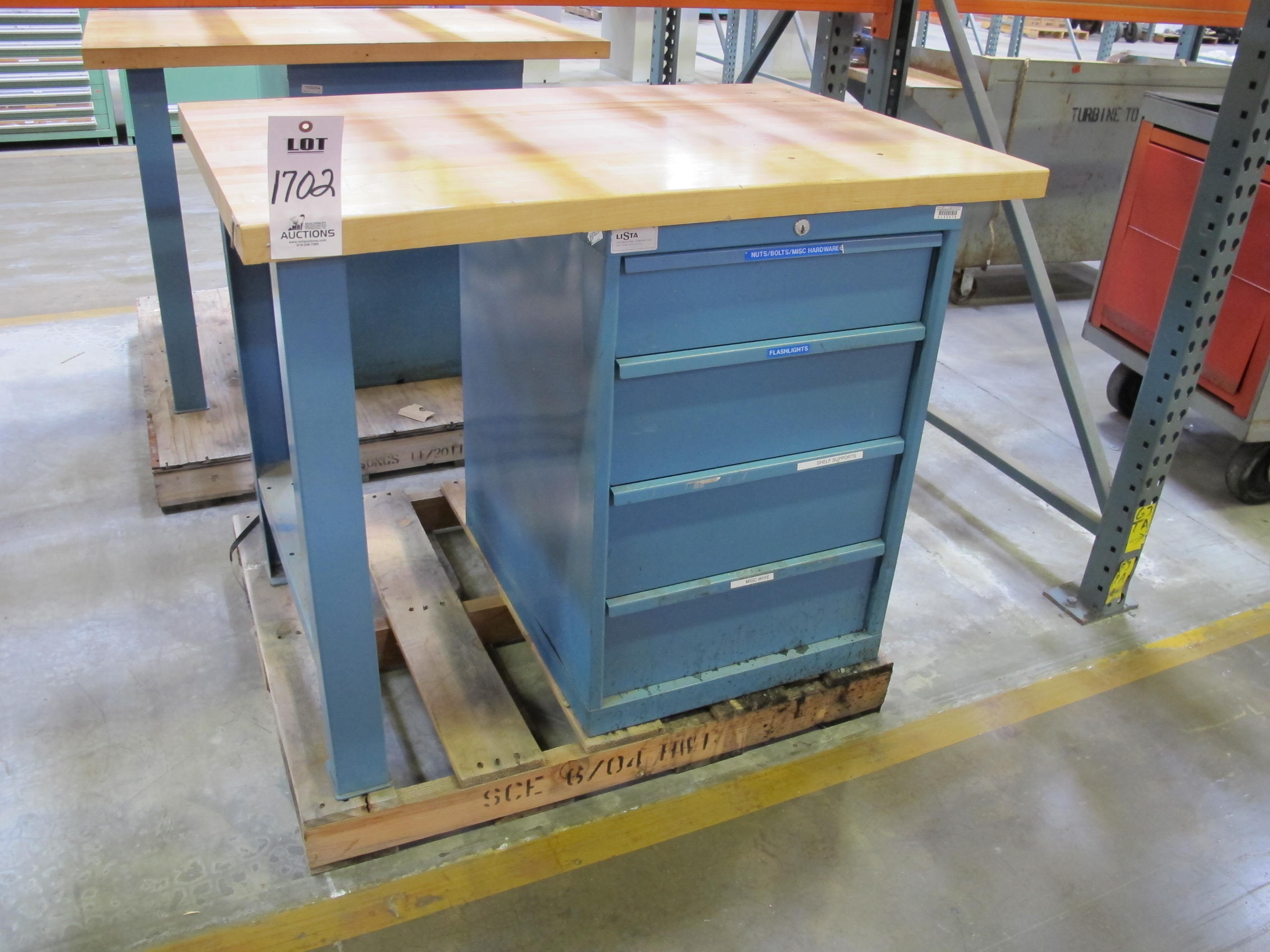 LOT TO INCLUDE: (1) BUTCHER BLOCK TABLE TOP 48"L X 30"W, (1) LISTA DUAL DESK LEG, (1) LISTA 4 DRAWER CABINET WITH CONTENTS. LOADING & HANDLING $15-1702