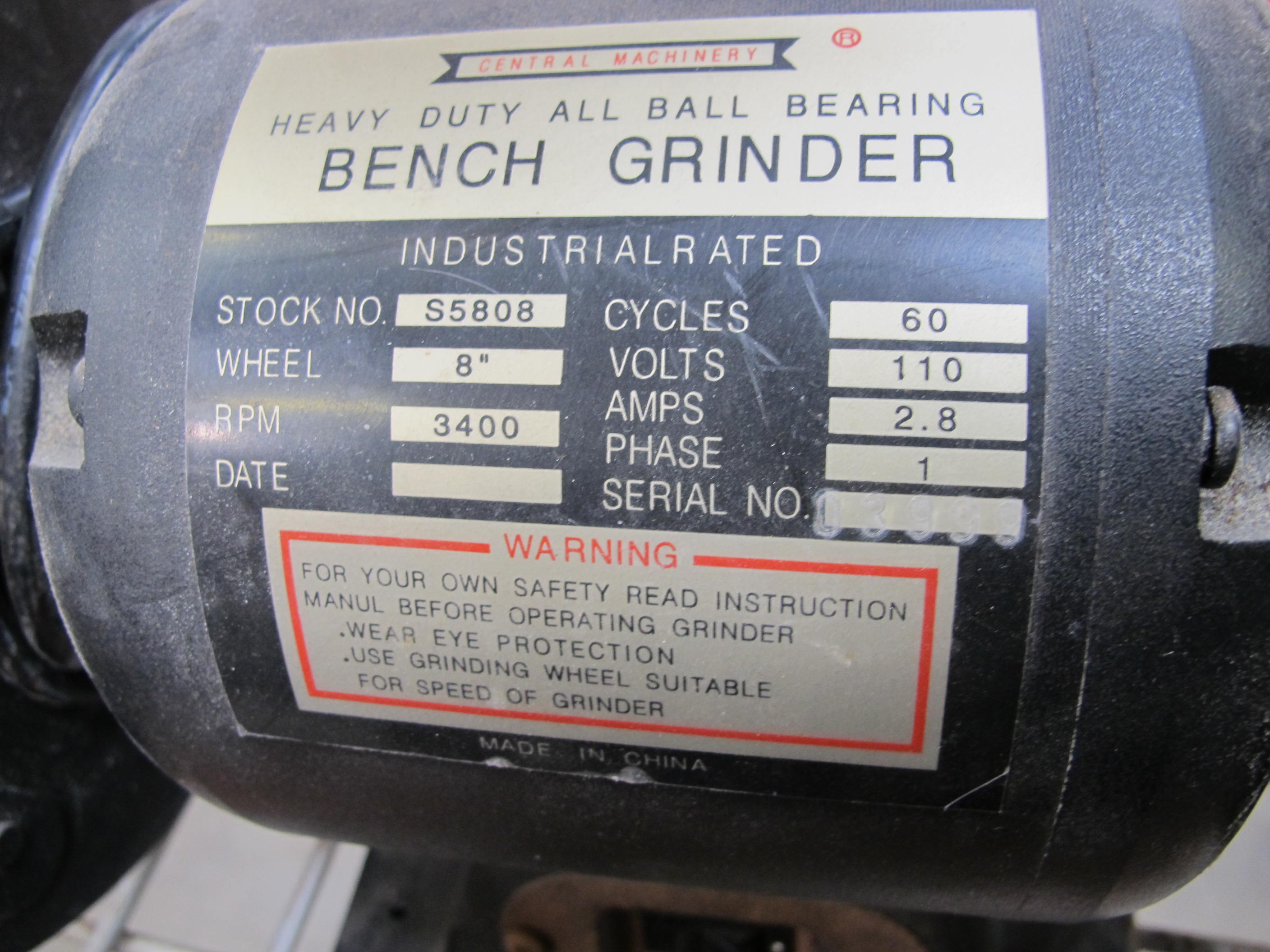 GENERAL MACHINERY HEAVY DUTY ALL BALL BEARING 8" BENCH GRINDER, MODEL NUMBER S5808, 1 PHASE, 3400 RPM, 110 V, 2.8 A-2053