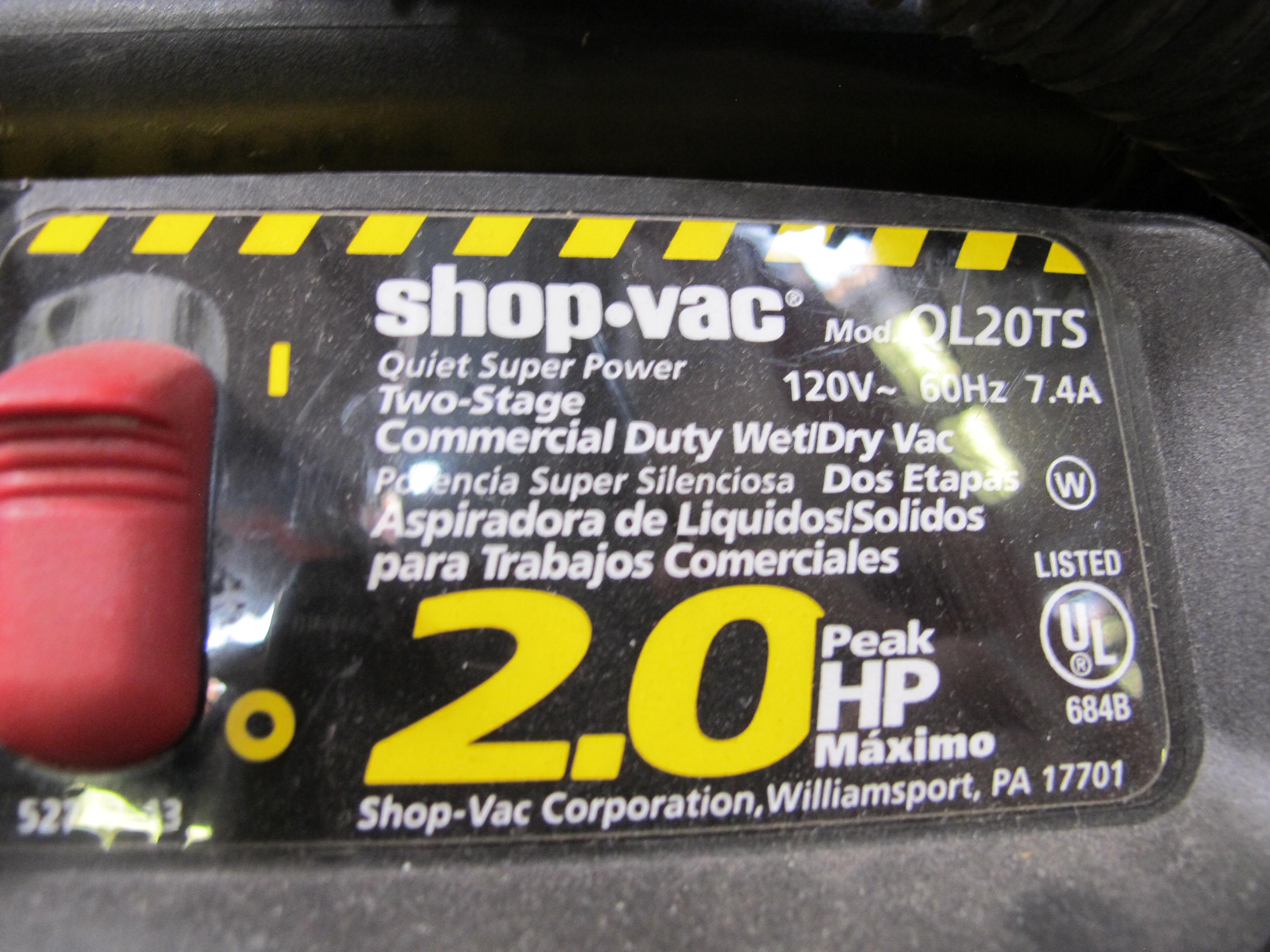 SHOP VAC, MODEL QL20TS, 2 HP, TWO STAGE, 120 V, 7.4 A-2058