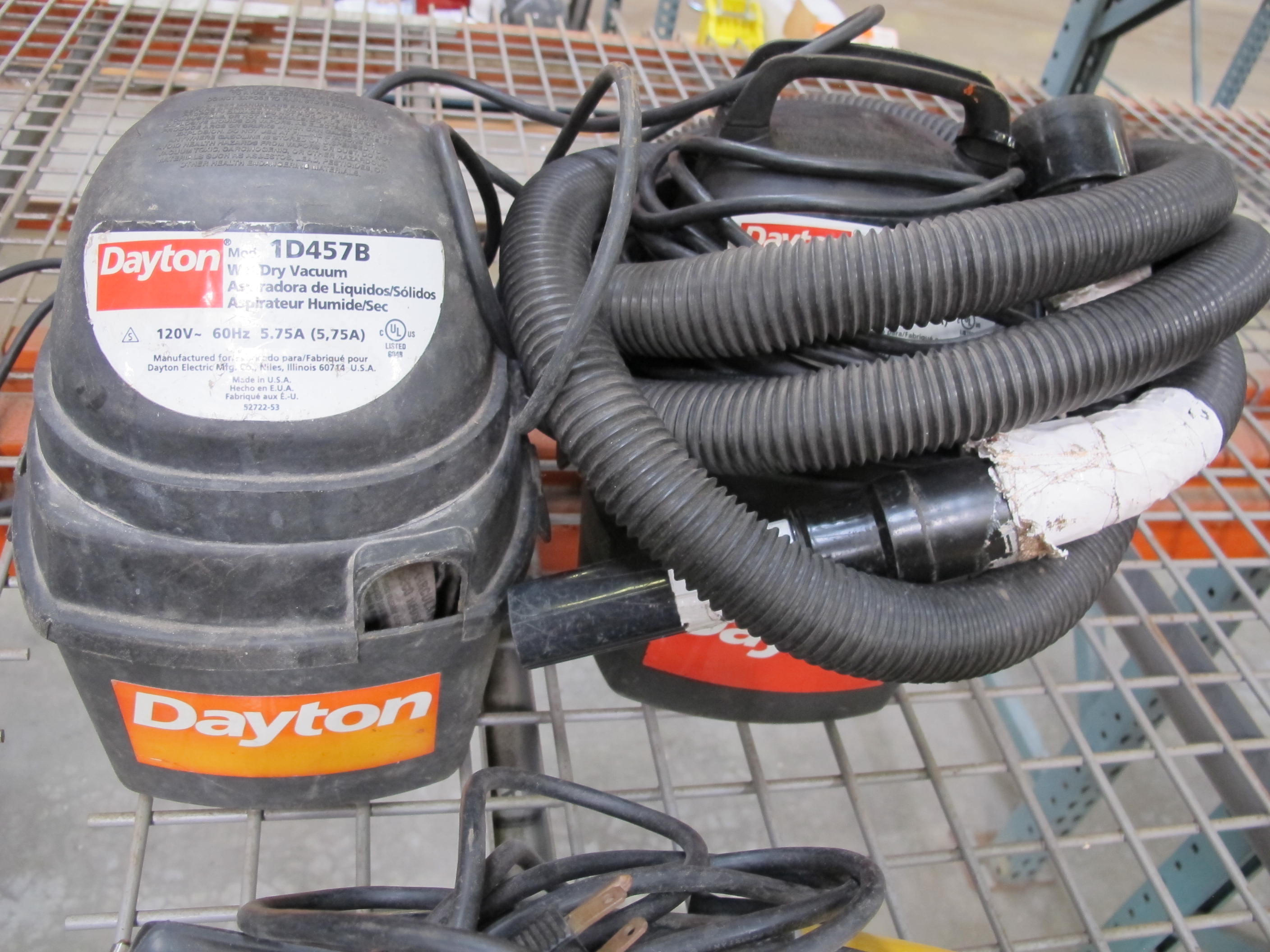 LOT TO INCLUDE: (2) SHOP VAC, "HIPPO" INDUSTRIAL DUTY VACUUM CLEANERS, 1.5 HP, (2) DAYTON WET/DRY VACUUMS, MODEL 1D457B, 120 V, 5.75 A-2059