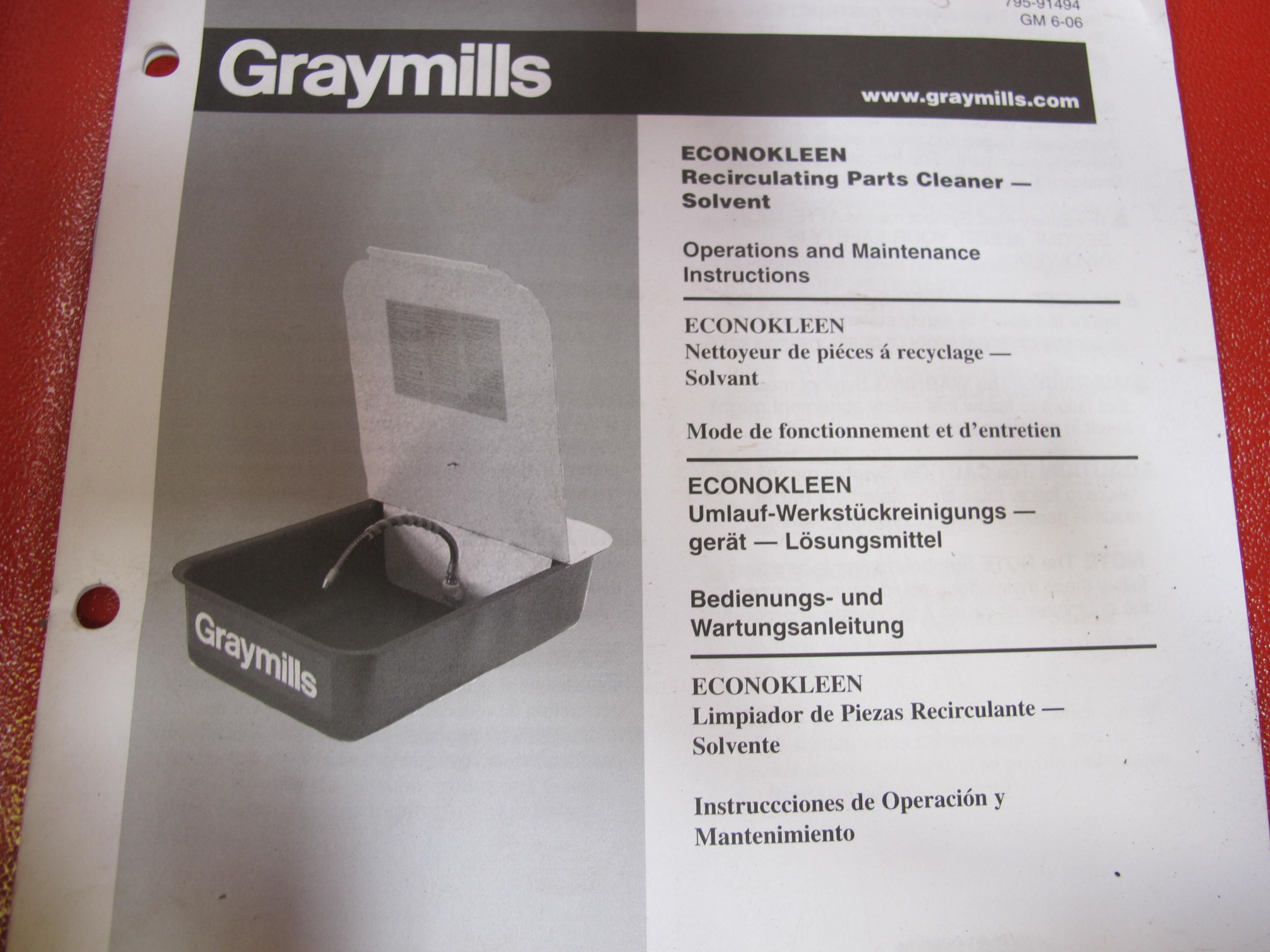GRAYMILLS ECONOKLEEN RECIRCULATING PARTS CLEANER WITH INSTRUCTION BOOKLET-2062