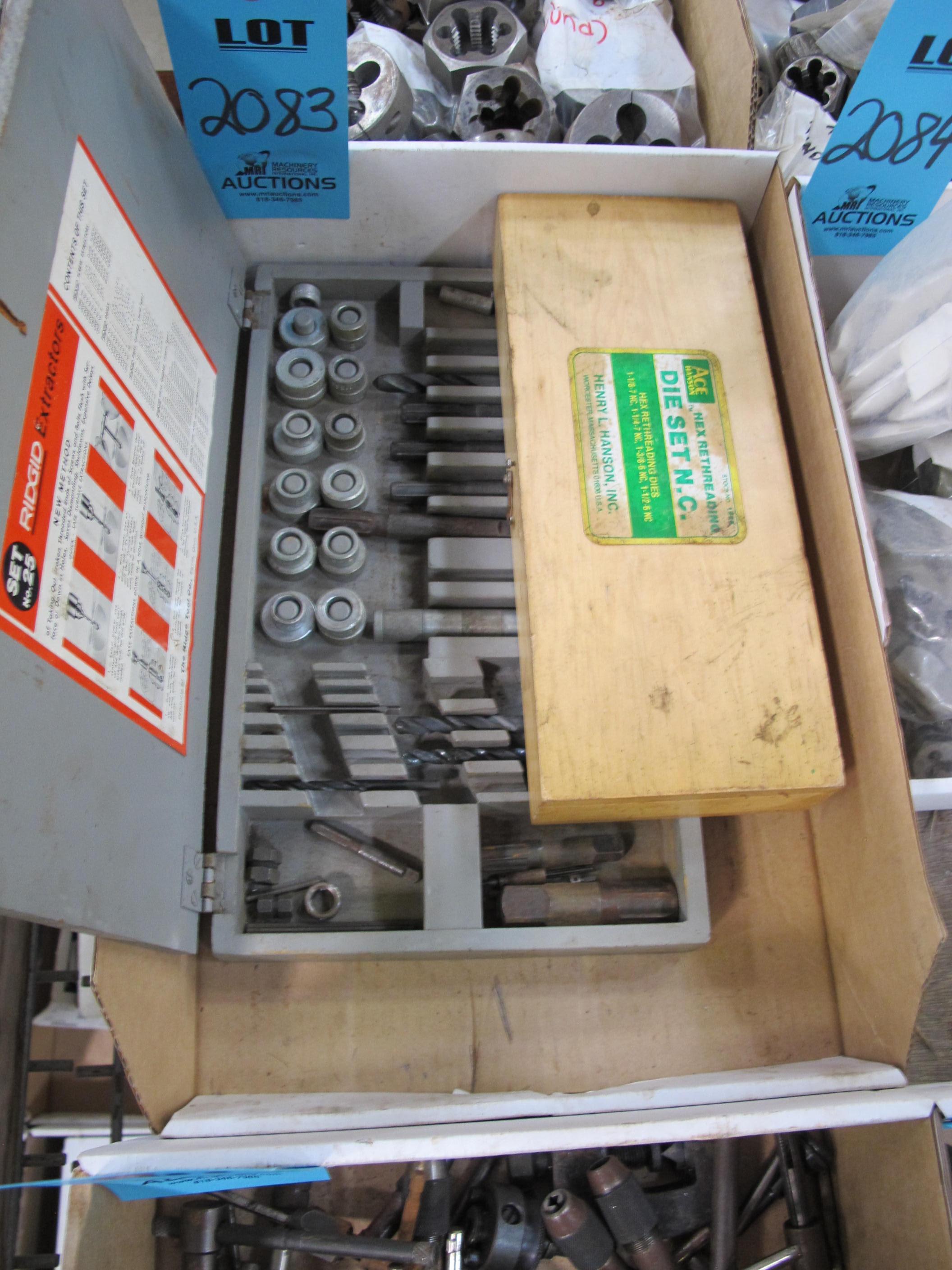 LOT TO INCLUDE: (1) ACE HANSON HEX RETHREADING DIE SET, 1 1/8", 1 1/4", 1 3/8", 1 1/2", (1) PARTIAL RIGID TAP EXTRACTOR KIT-2083