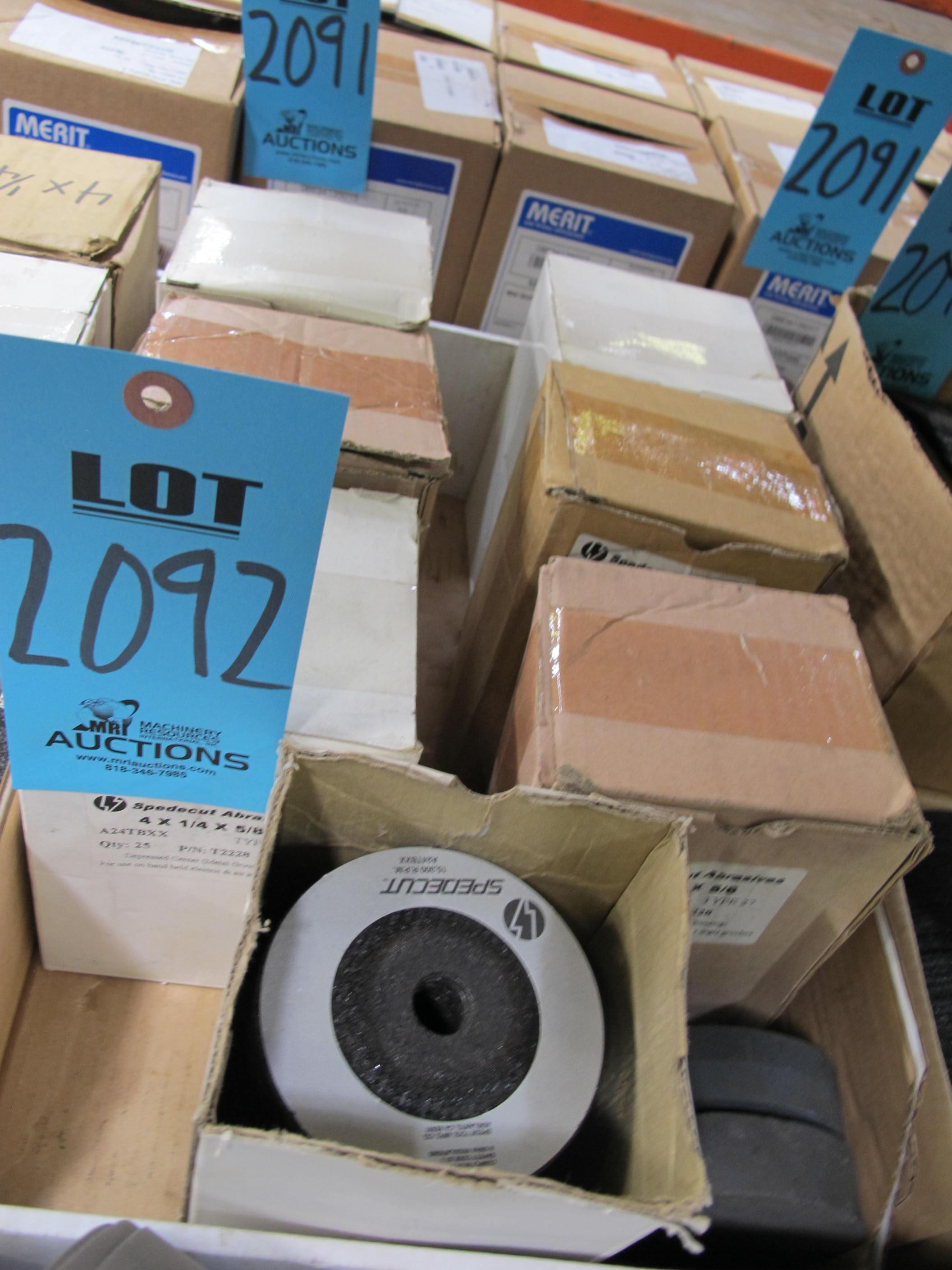 LOT TO INCLUDE SPEDECUT AND 3M: (300~) DEPRESSED CENTER GRINDING WHEELS, 4" X 1/4" X 5/8", MISC. GRINDING WHEELS, SANDER BELTS, ABRASIVE RINGS-2092