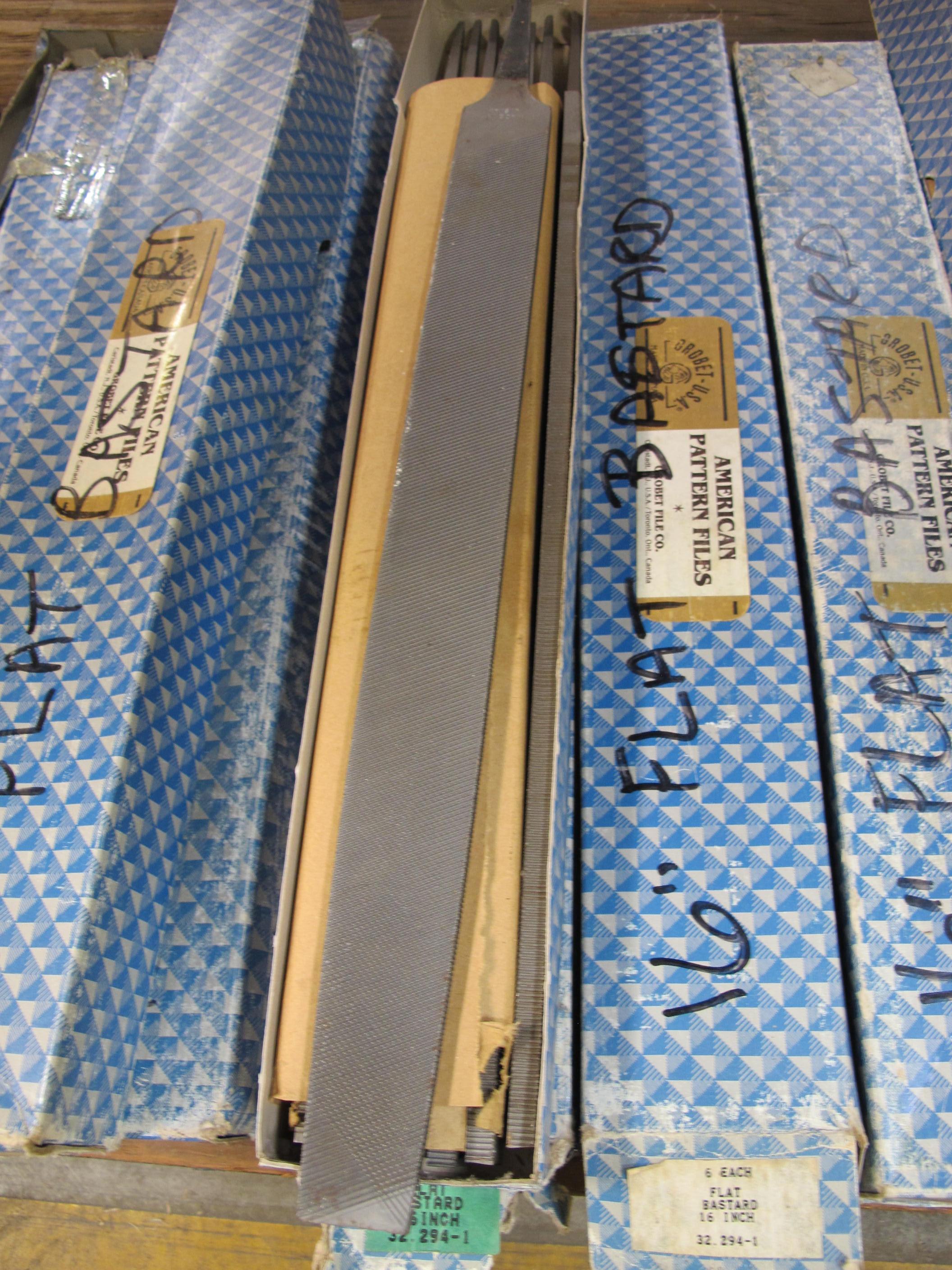 LOT TO INCLUDE: (48~) LIKE NEW GROBET 16" FLAT BASTARD FILES, MISC. FILES AND FILE HANDLES, (1 CRATE) MISC. TAPS, DIES, AND HANDLES-2094