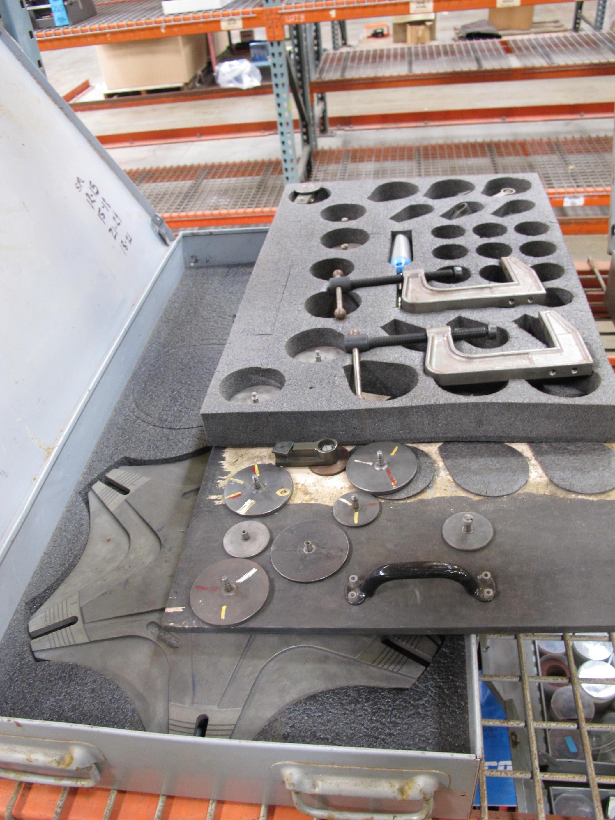 LOT TO INCLUDE: (2) EFCO PORTABLE GATE VALVE GRINDING/LAPPING MACHINE, MODEL SL-2, MACHINE INCLUDES: MACHINE ARM WITH DRIVE MOTOR, ROCKER WITH SEATING FOR MACHINE ARM, BASEPLATE FOR MOUNTING ON VALVE HOUSINGS, CLAMPING COLLARS, GRINDING AND LAPPING TOOLS, FASTENING SCREW CLAMPS, AND INSTRUCTION BOOKLET IN PORTABLE CASE, (2) ASSORTED ABRASIVE DISCS, VARIED SIZES, IN PORTABLE CASE, (5) EFCO TOOLING IN PORTABLE TOOLING-2095