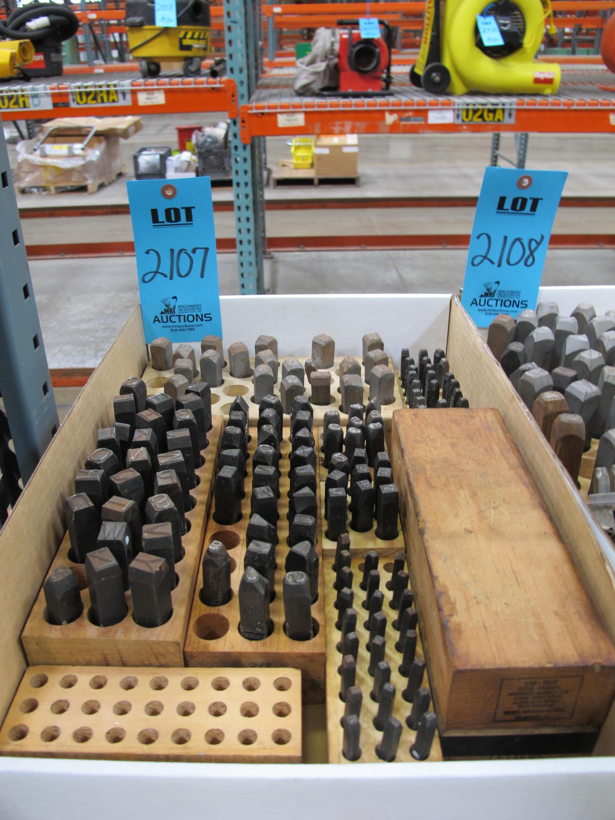 LOT TO INCLUDE STEEL STAMPS: (1) ALPHABETICAL SET, 3/8", (1) NUMERICAL SET, 1/4" (5) PARTIAL ALPHABETICAL SETS, MISC. SIZES, (1) PARTIAL NUMERICAL SET-2107