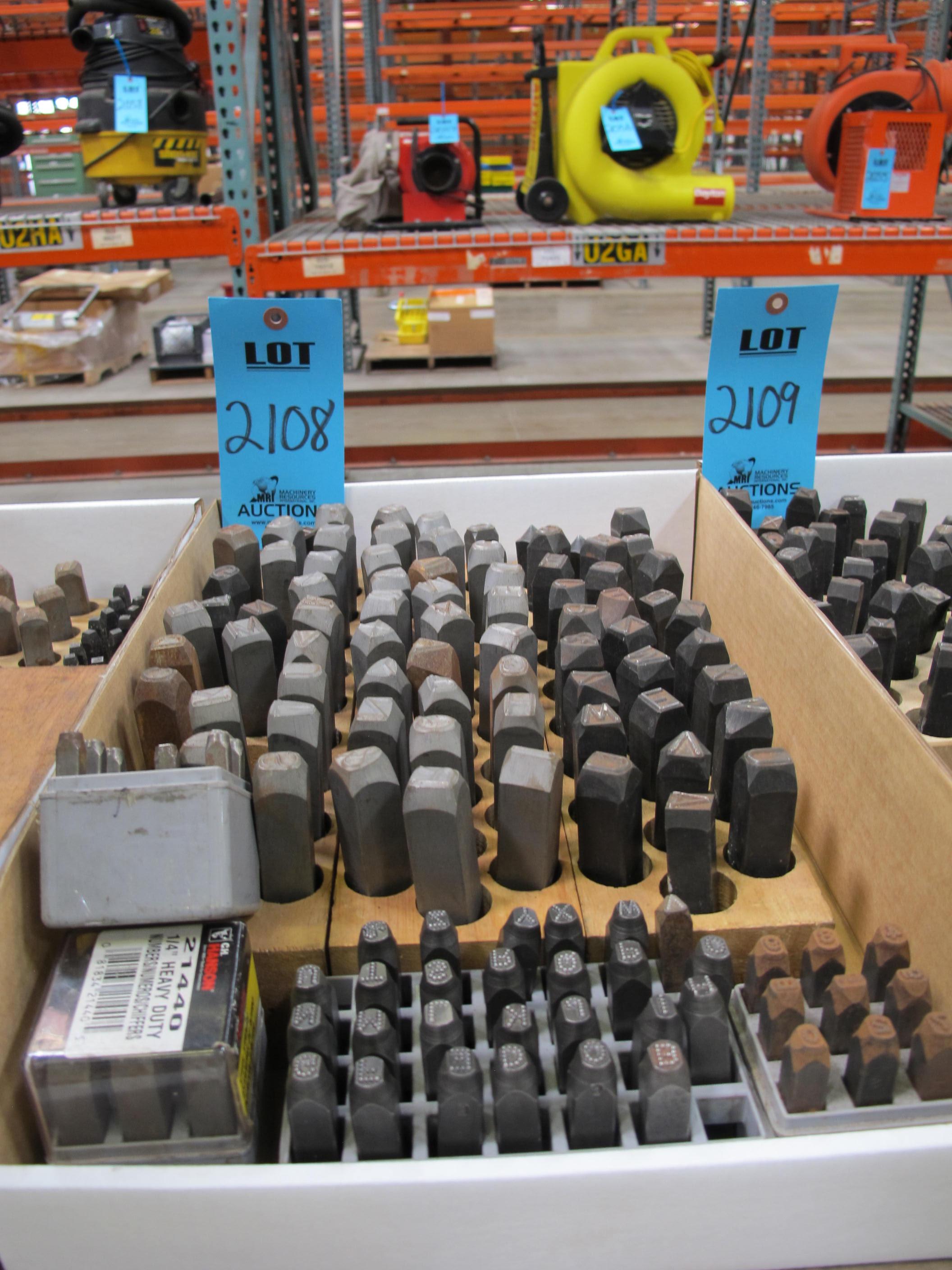 LOT TO INCLUDE STEEL STAMPS: (1) NUMERICAL SET, 1/4", (4) PARTIAL ALPHABETICAL SETS, MISC. SIZES (2) PARTIAL NUMERICAL SETS, MISC. SIZES-2108