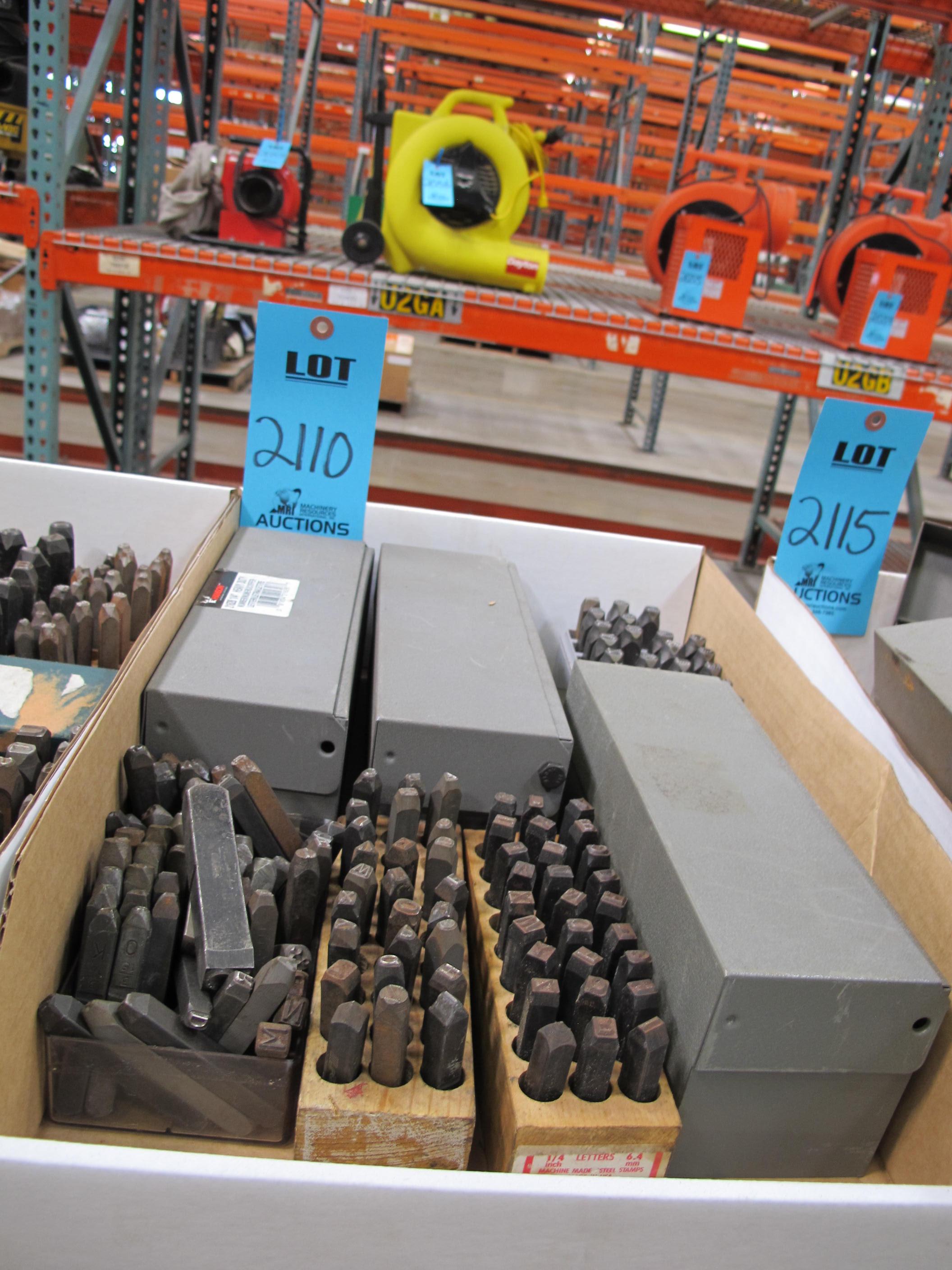 LOT TO INCLUDE STEEL STAMPS: (3) ALPHABETICAL SETS, 1/4", (3) PARTIAL ALPHABETICAL SETS, MISC. SIZES-2110