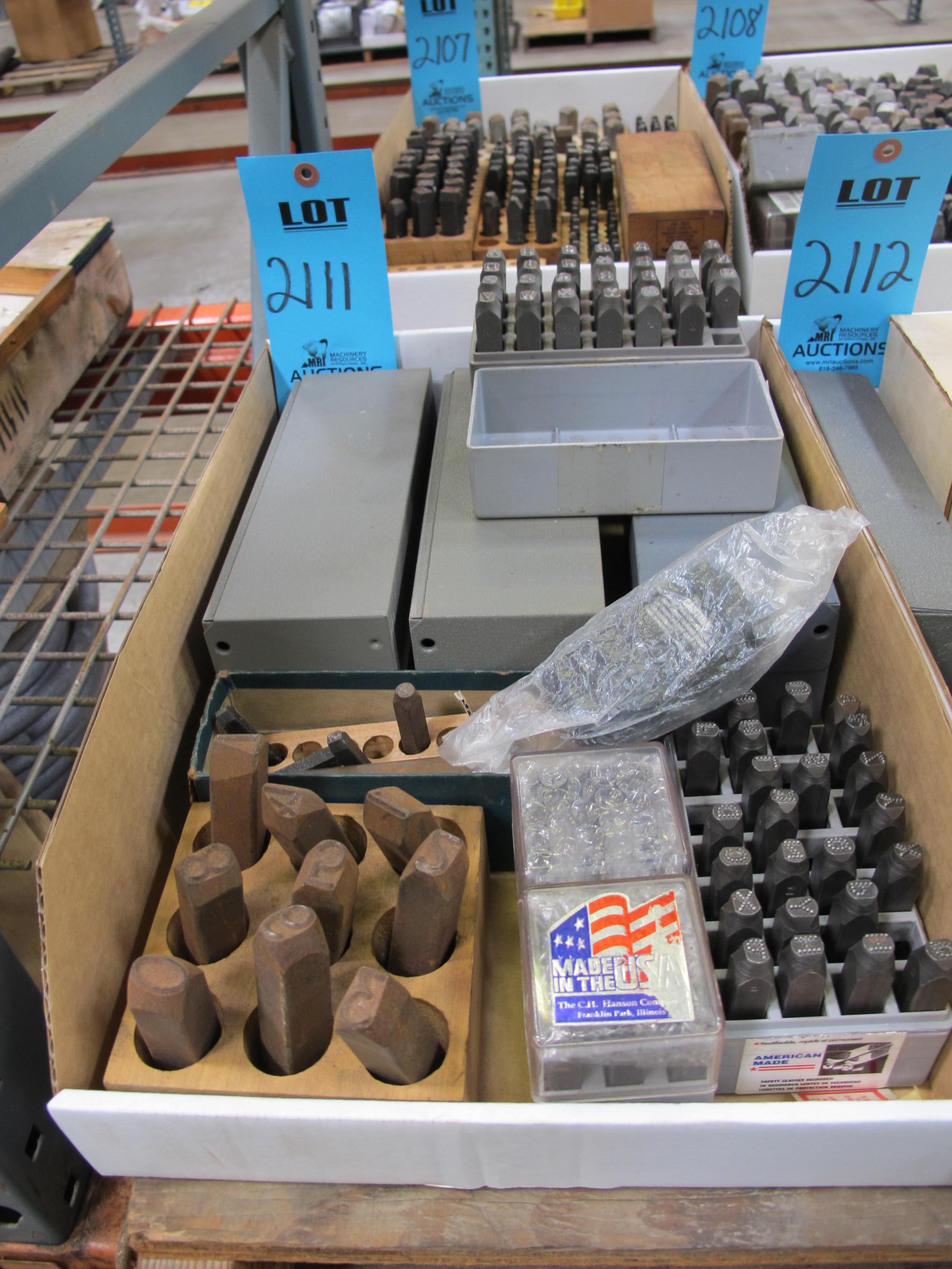 LOT TO INCLUDE STEEL STAMPS: (2) NUMERICAL SETS, 1/8", (1) NUMERICAL SET 5/8", (1) ALPHABETICAL SET, 1/4", (4) PARTIAL ALPHABETICAL SETS, MISC SIZES-2111