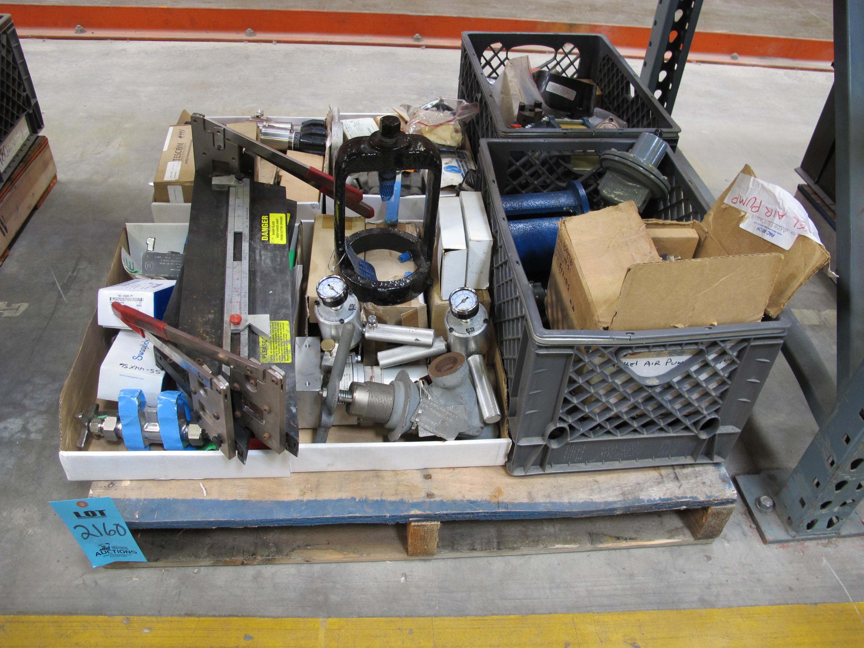 LOT TO INCLUDE BUT NOT LIMITED TO: SWAGELOK VALVE FITTINGS, (2) EST G150 INJECTORS, (2) TUBE CUTTERS, (1) HASKEL MODEL 4B-21 LIQUID PUMP, (5~) TESCOM SELF VENTING REGULATORS, MODEL 44-1327-2082-056, (2~) ITT CONOFLOW AIRPAK FILTER REGULATORS, MODEL GFH60XTKE71G F89, BELLAFRAM AIR PRESSURE REGULATORS, (1) SC PUMP MODEL 600-25-2160