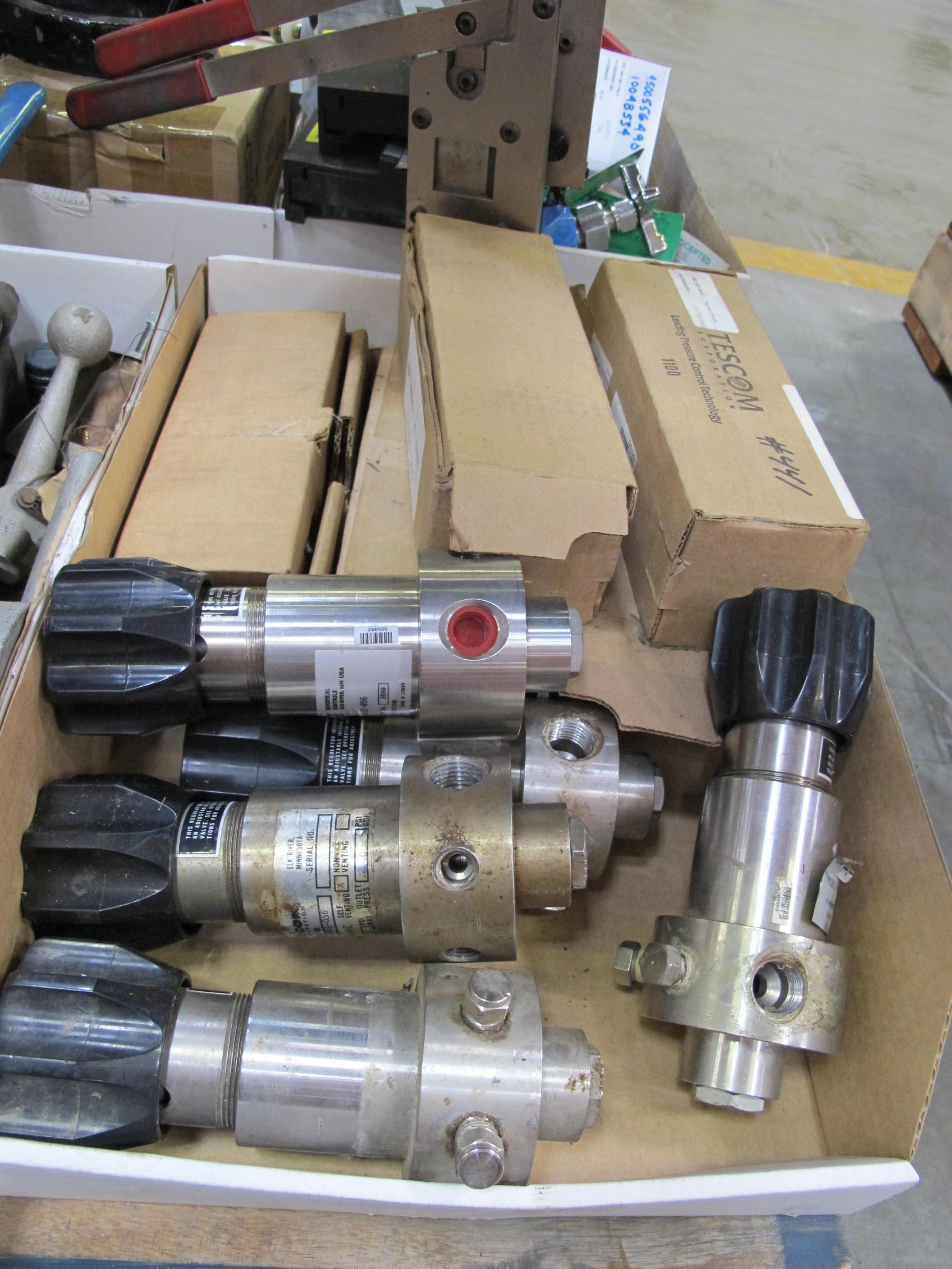 LOT TO INCLUDE BUT NOT LIMITED TO: SWAGELOK VALVE FITTINGS, (2) EST G150 INJECTORS, (2) TUBE CUTTERS, (1) HASKEL MODEL 4B-21 LIQUID PUMP, (5~) TESCOM SELF VENTING REGULATORS, MODEL 44-1327-2082-056, (2~) ITT CONOFLOW AIRPAK FILTER REGULATORS, MODEL GFH60XTKE71G F89, BELLAFRAM AIR PRESSURE REGULATORS, (1) SC PUMP MODEL 600-25-2160