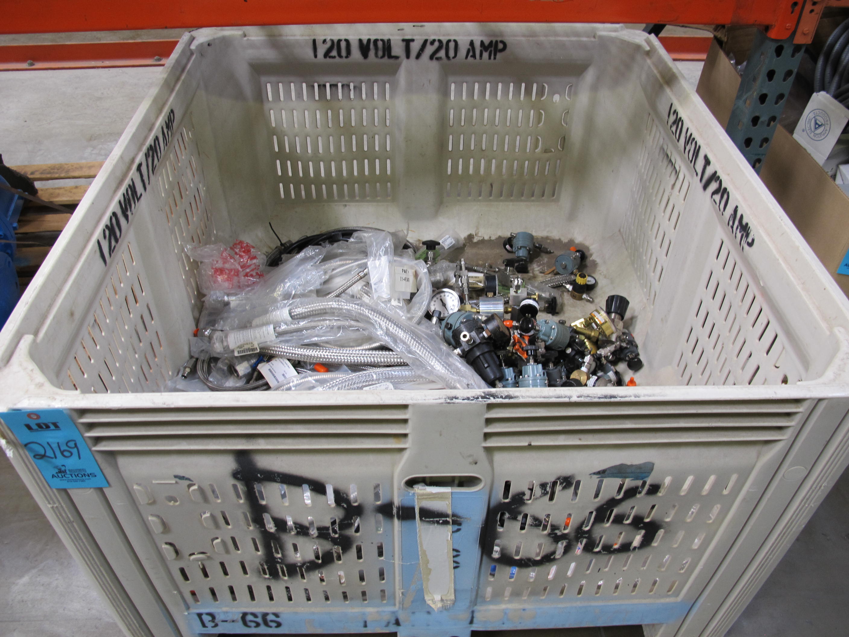 PALLETAINER LOT TO INCLUDE: LARGE QUANTITY OF SIEMENS, NULLMATIC, FAIRCHILD, TESCOM, EST, AND FISHER PRESSURE REGULATORS, GAUGES, AND FITTINGS,  SS BRAIDED FLEX PIPING-2169