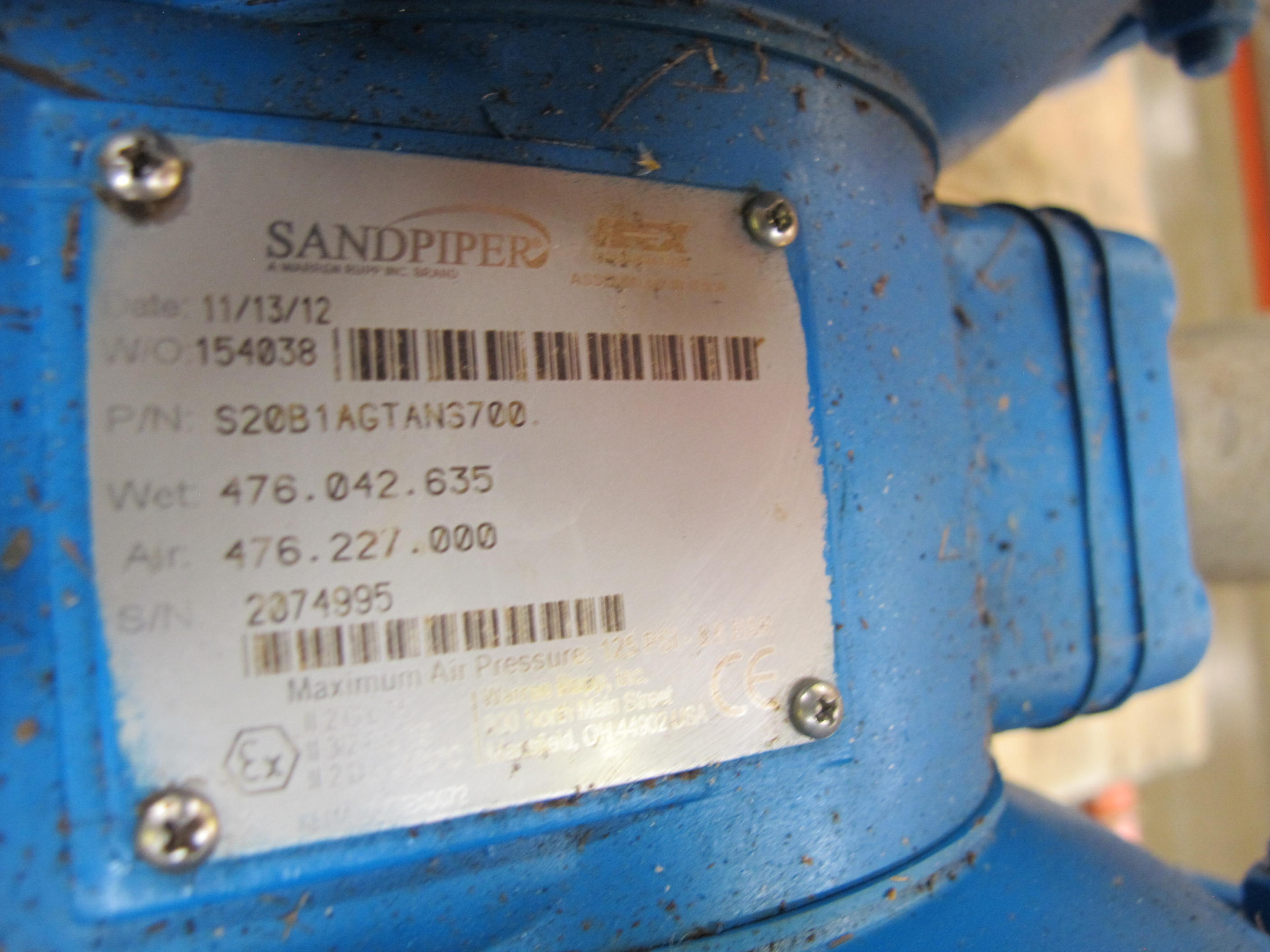 SANDPIPER AIR OPERATED DIAPHRAGM PUMP, MODEL S20B1AGTANS700-2171