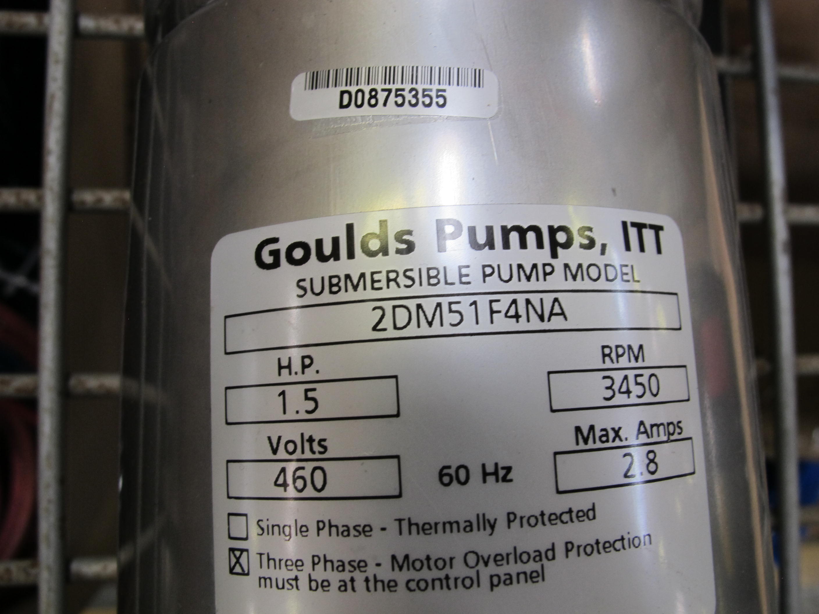 GOULDS/ITT SUBMERSIBLE PUMP, MODEL 2DM51F4NA, THREE PHASE, 1.5 HP, 3450 RPM, 460 V, 2.8 A-2174