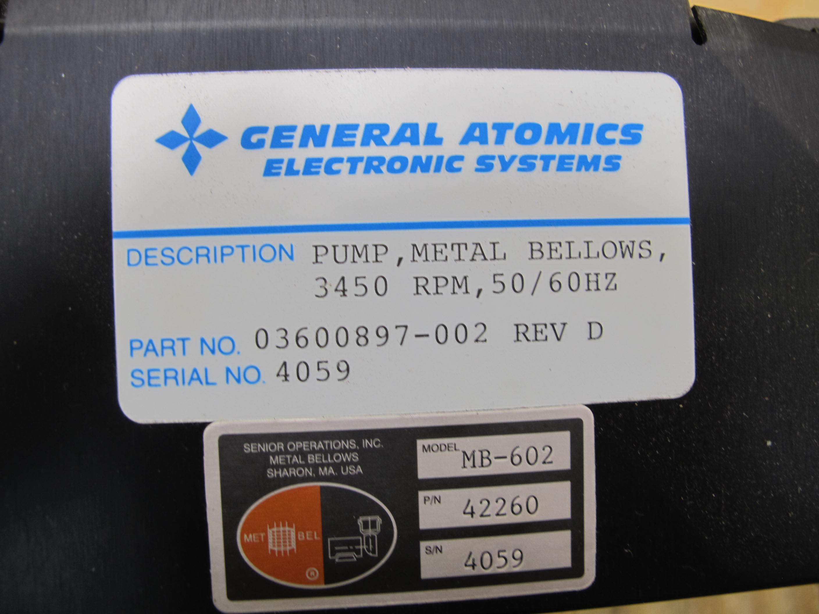 GENERAL ATOMICS ELECTRONIC SYSTEM PUMP, METAL BELLOWS, 3450 RPM, 50/60 HZ-2179