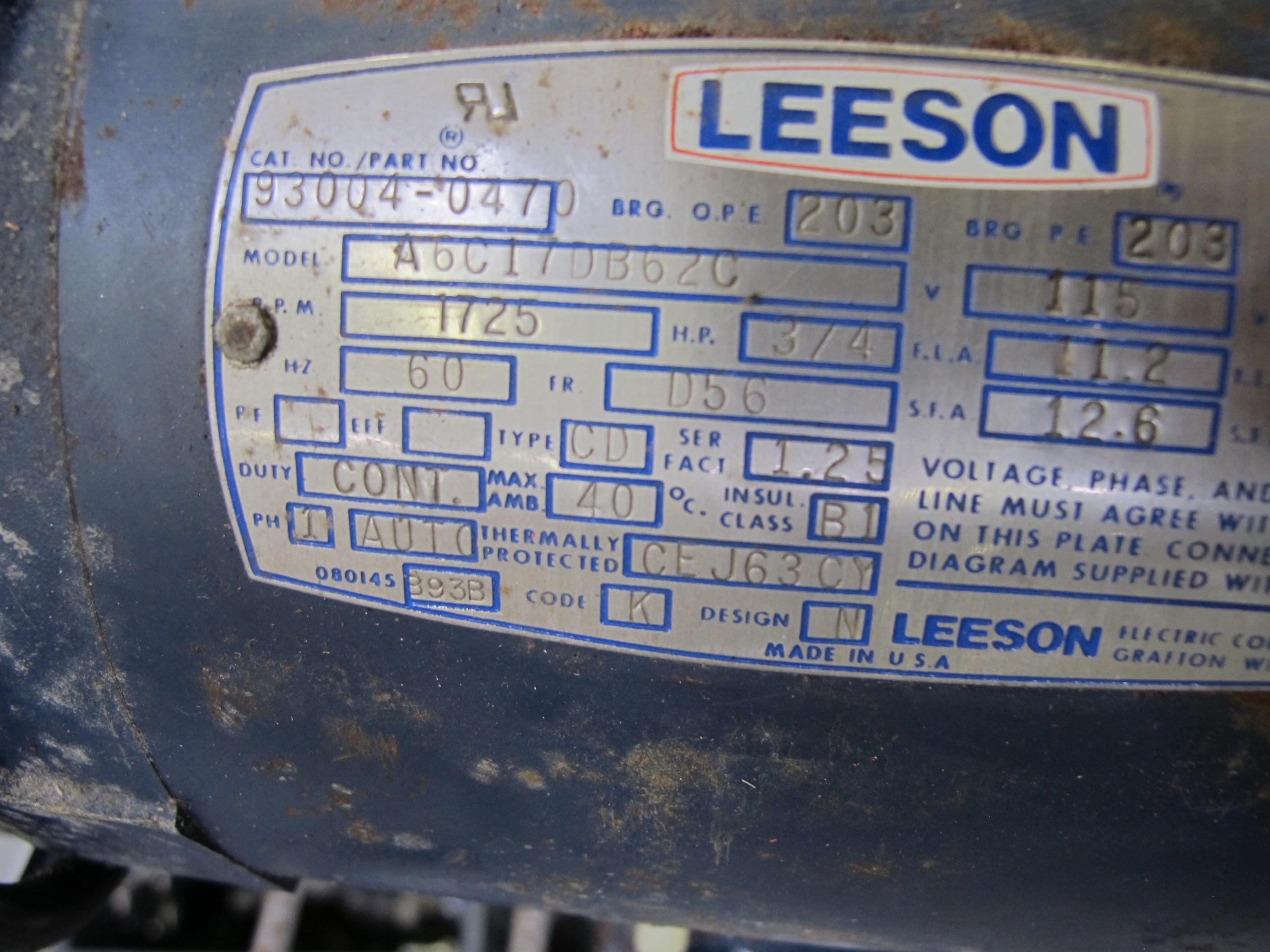 LOT TO INCLUDE: (1) LEESON MOTOR, MODEL NUMBER A6C17DB62C, 3/4 HP, 1725 RPM, 6115 V, 60 HZ, (1) EMERSON MOTOR, MODEL NUMBER C55JXGTM-3830, 3/4 HP, 1725 RPM, 115 V, 60 HZ-2182