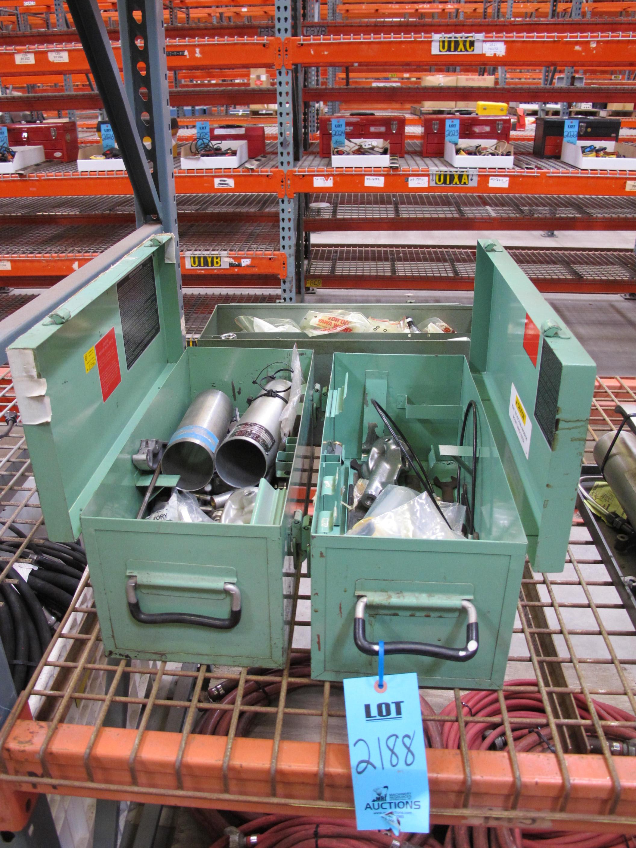 LOT TO INCLUDE: (2) STEEL JOB BOXES WITH AMETEK TWIN SEAL PRESSURE OIL AND DISTILLED WATER PUMP PARTS AND ASSEMBLIES, (1) STEEL JOB BOX ASHCROFT GAUGE-2188