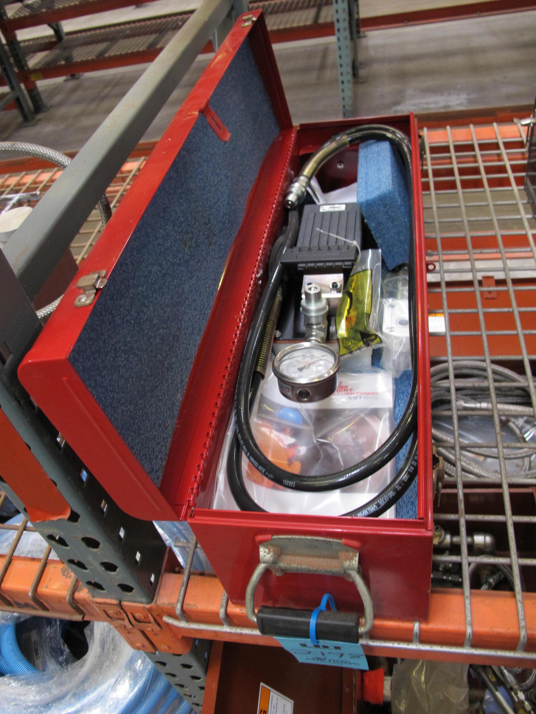 LIKE NEW! EST/POWER TEAM AIR HYDRAULIC PUMP, MODEL NUMBER PA6-AW, 7500 PSI, IN PORTABLE STEEL CASE-2198