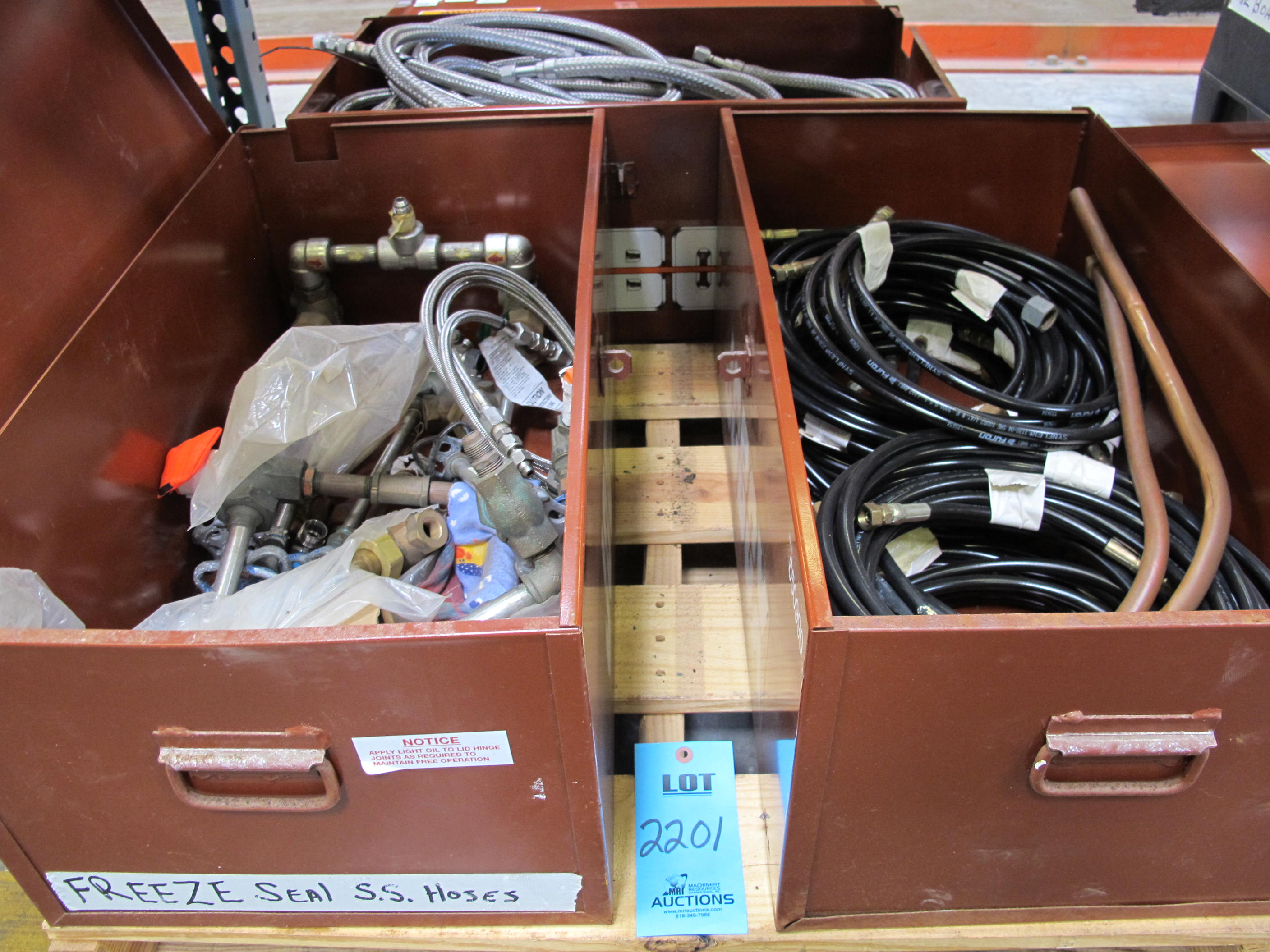 LOT TO INCLUDE: (1) JOB BOX WITH MISC. FREEZE SEAL ACCESSORIES, (1) JOB BOX WITH PNEUMATIC HOSING, 3000 PSI, 1/4", COPPER TUBING, (1) JOB BOX WITH SS BRAIDED FLEX TUBING-2201