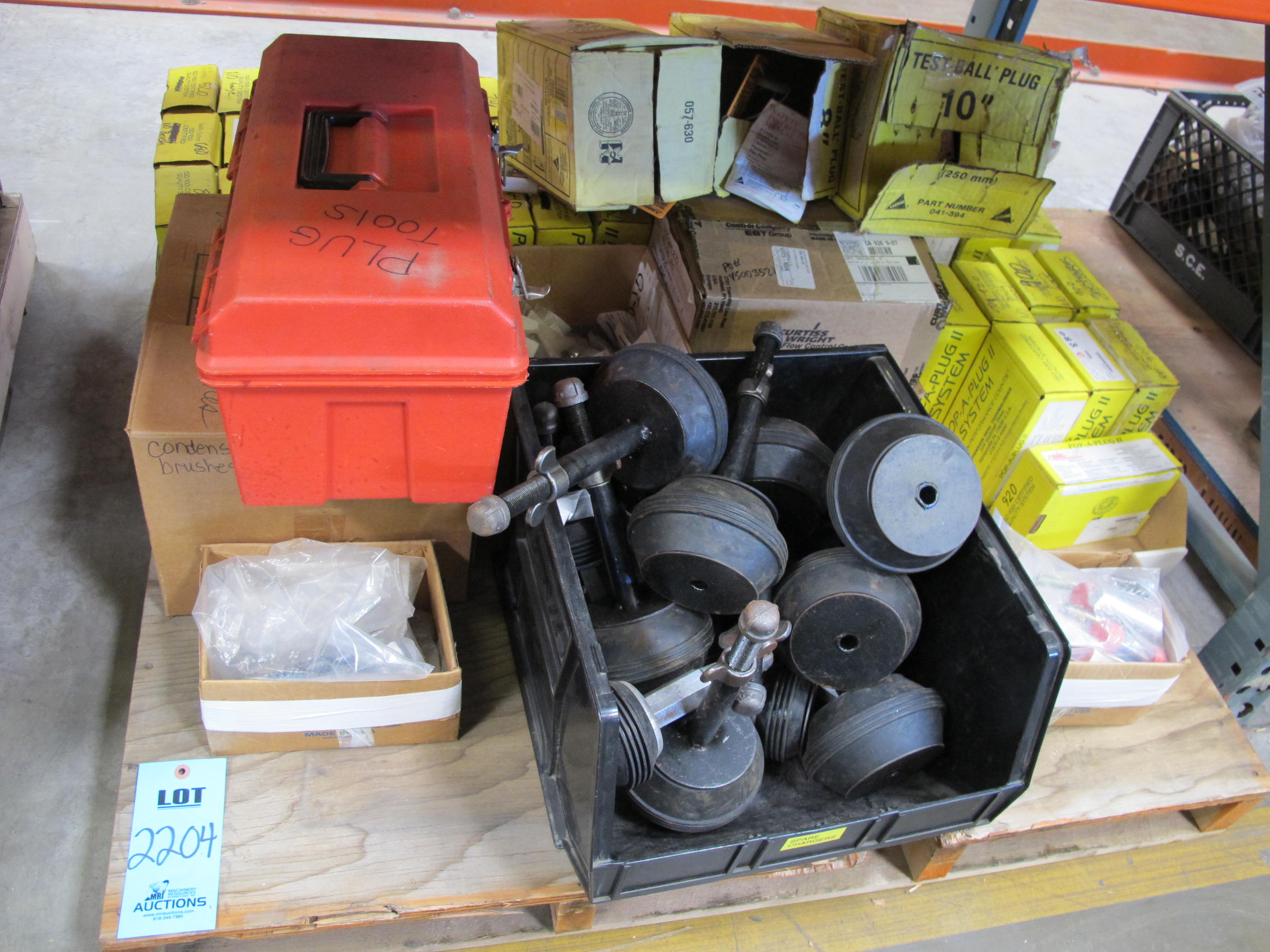 LOT TO INCLUDE: (56) POP-A-PLUG 2 SYSTEMS, PLUG TOOLS, (2 BOXES) CURTIS WRIGHT ALUMINUM GAGES, CONDENSER BRUSHES-2204