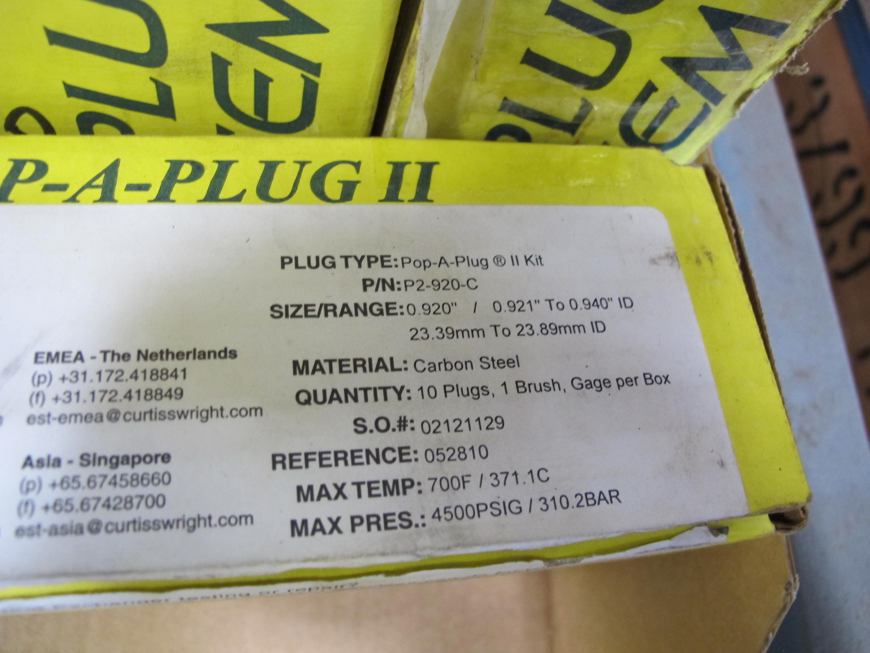 LOT TO INCLUDE: (56) POP-A-PLUG 2 SYSTEMS, PLUG TOOLS, (2 BOXES) CURTIS WRIGHT ALUMINUM GAGES, CONDENSER BRUSHES-2204