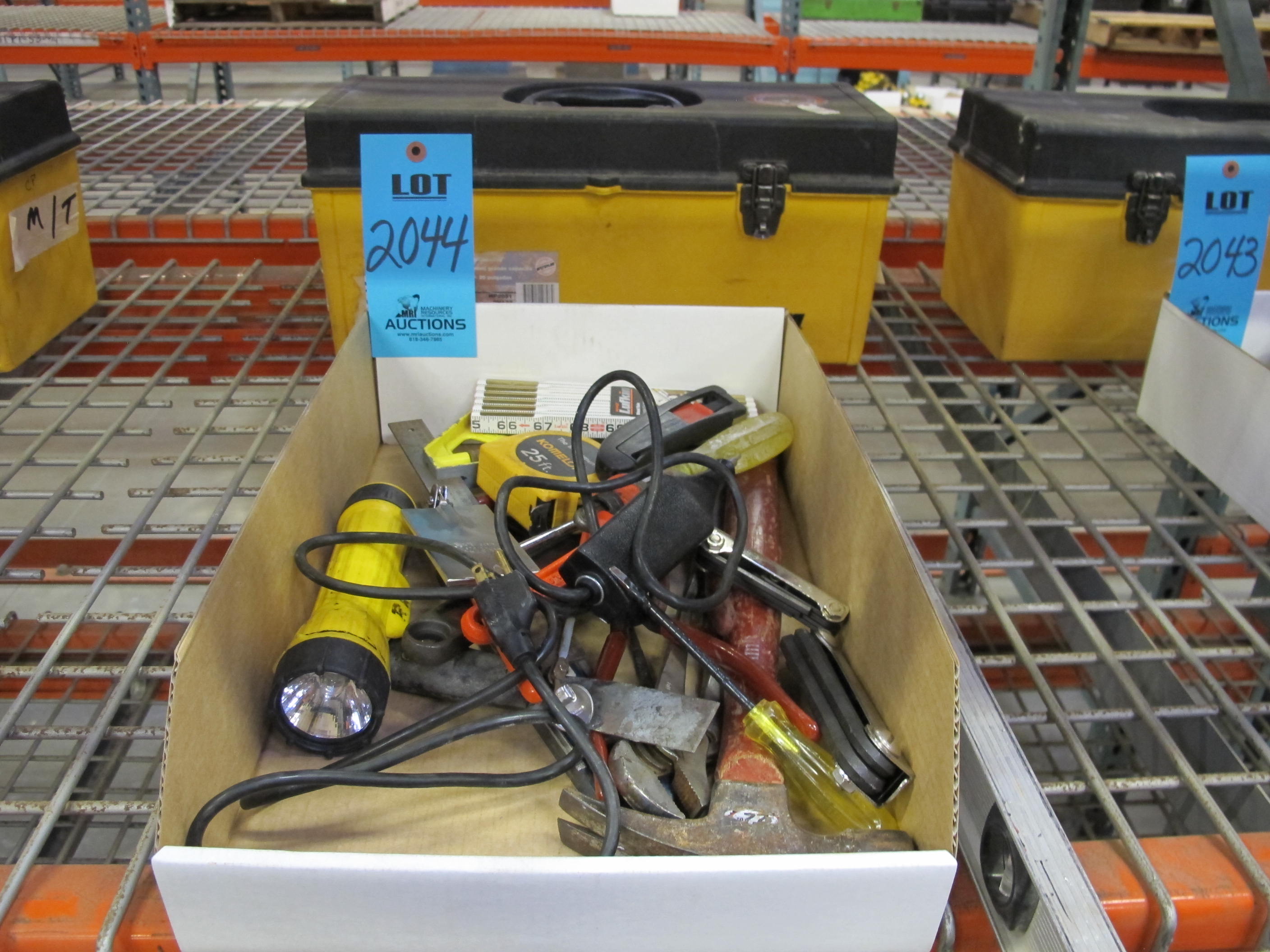 TOOLBOX SET TO INCLUDE: SCREWDRIVERS, BOXCUTTERS, PLIERS, LINEMANS PLIERS, DIAGONAL PLIER, FLIP OUT HEX KEY SETS, FILE, HANDSAW, PIPE WRENCH, CRESCENT WRENCH, HAMMER, ELECTRIC MARKER, MEASURING TAPE, PAINT SCRAPERS, LEVELS (SMALL AND LARGE), EXTENDABLE MAGNET, TELESCOPING INSPECTION MIRROR, FLASHLIGHT-2044