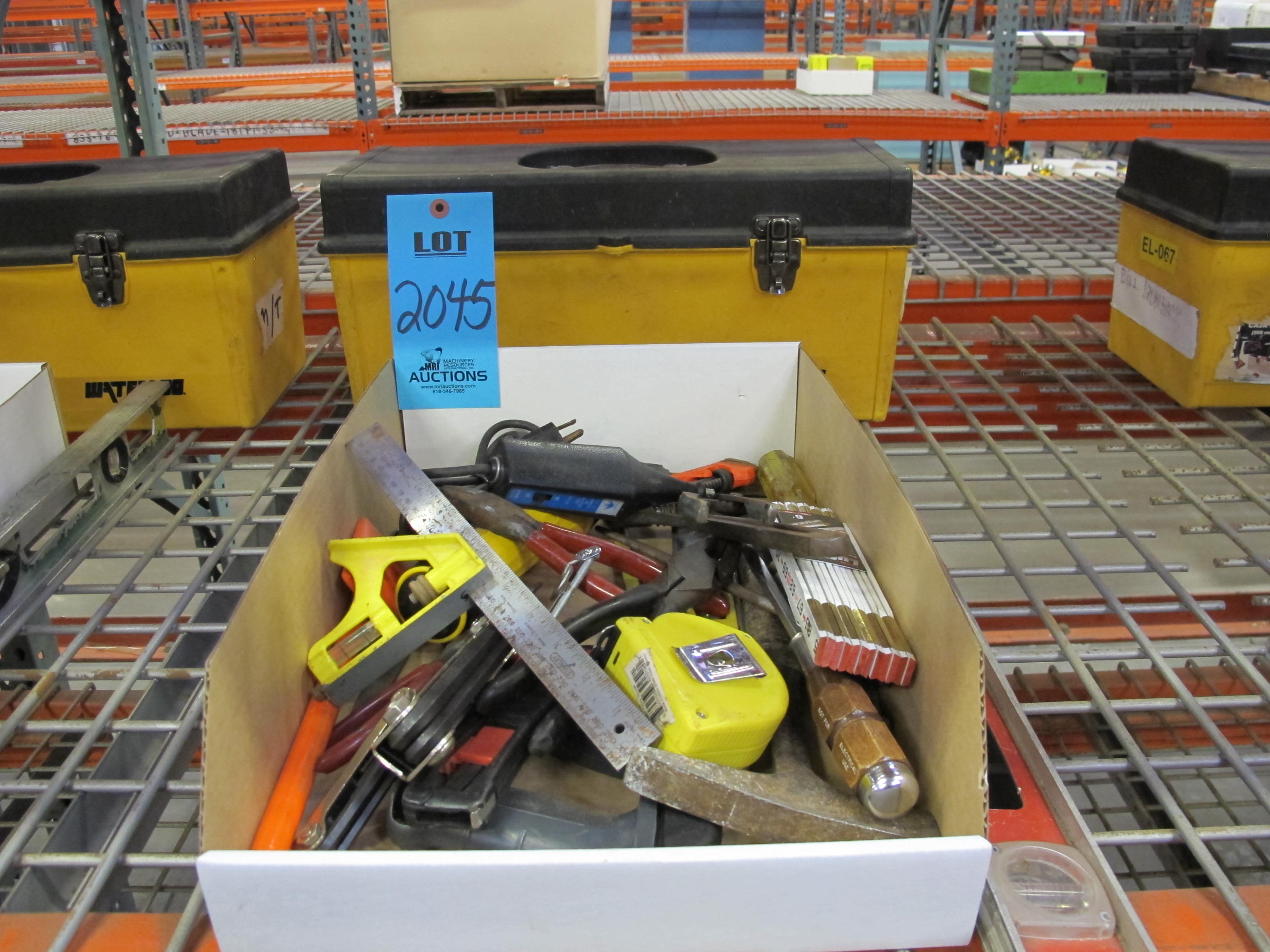 TOOLBOX SET TO INCLUDE: SCREWDRIVERS, BOXCUTTERS, PLIERS, LINEMANS PLIERS, DIAGONAL PLIER, FLIP OUT HEX KEY SETS, FILE, HANDSAW, PIPE WRENCH, CRESCENT WRENCH, HAMMER, ELECTRIC MARKER, MEASURING TAPE, PAINT SCRAPERS, LEVELS (SMALL AND LARGE), EXTENDABLE MAGNET, TELESCOPING INSPECTION MIRROR, FLASHLIGHT-2045