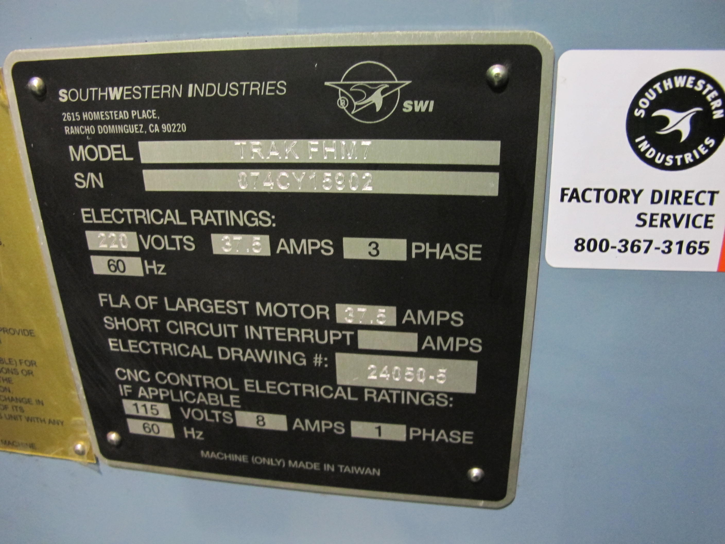 TRAK FHM 7 CNC BED MILL, TRAVELS: X-60" X Y-23" X Z-20.5", TABLE SIZE: 76" X 14", 40 TAPER SPINDLE, 200-5000 RPM, PROTO TRAK SMX CNC CONTROL, 7.5 HP, S/N 074CY15902 (T-10) LOADING & HANDLING FEE $500-258