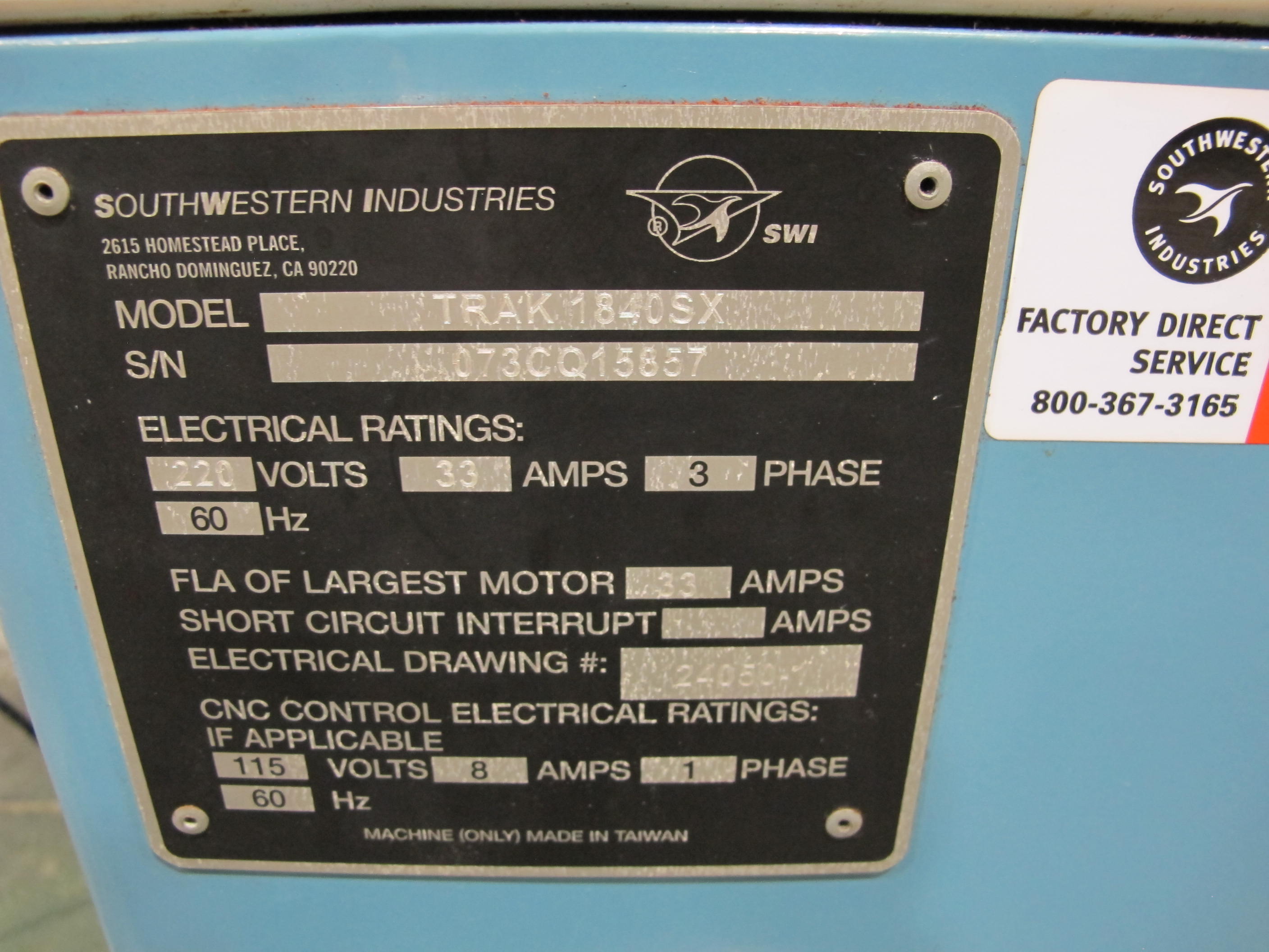 TRAK TRL 1840 SX CNC FLAT BED LATHE, PROTO TRAK SLX CNC CONTROL, 18.5" X 40" CC, 9" SWING OVER CROSS SLIDE, 2500 RPM GEARED HEADSTOCK, 2.36" SPINDLE BORE, 3- JAW CHUCK, TAILSTOCK, S/N 1073CQ15857 (T-10) LOADING & HANDLING FEE $500-260