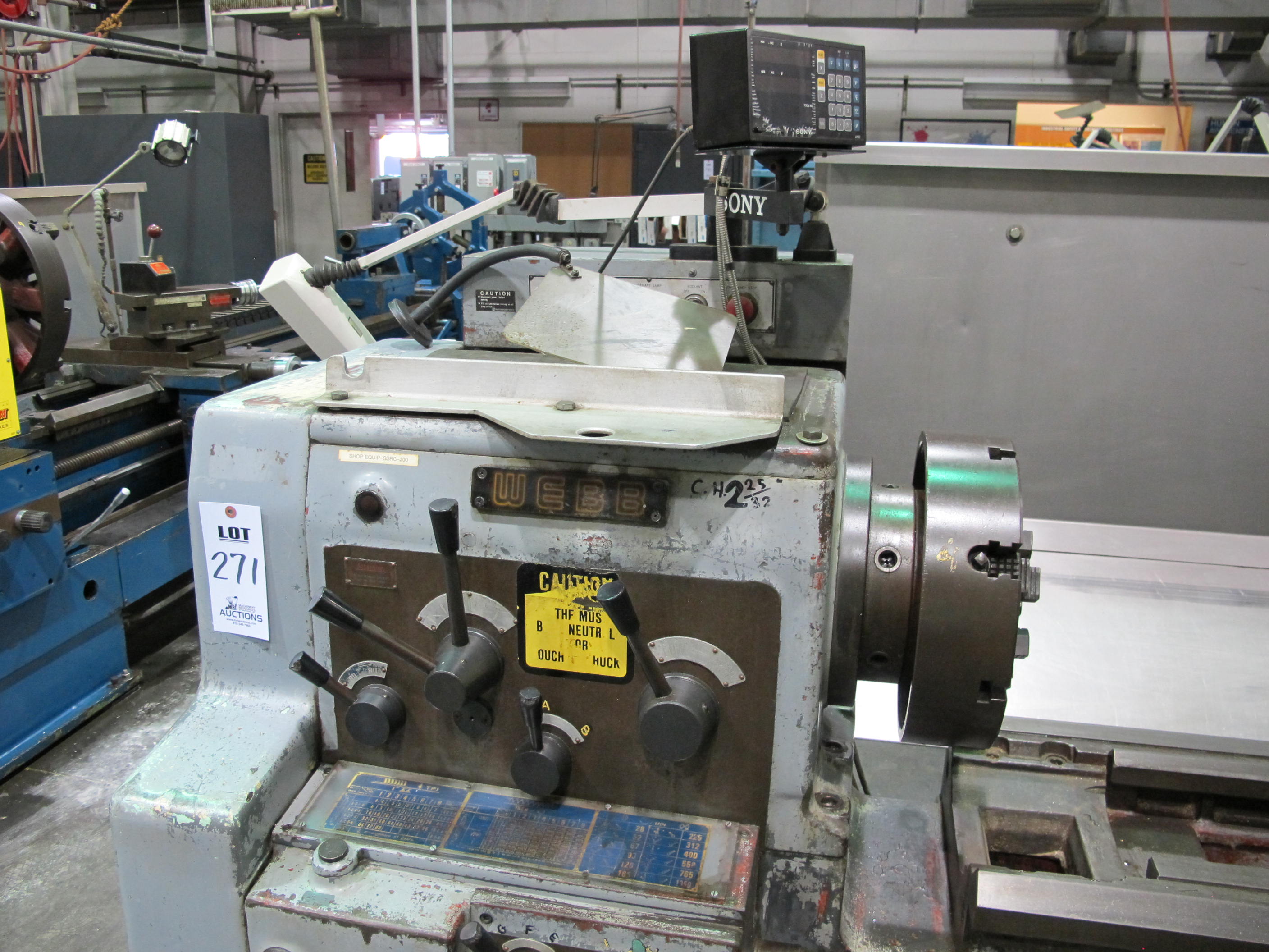 WEBB ENGINE LATHE, GAP BED, 20" X 80" CC, 29" SWING IN GAP, 3" HOLE THRU, 4 JAW CHUCK, (2) STEADY RESTS, COOLANT SYSTEM, FOOT BRAKE, 2 AXIS DRO, S/N 8203-02 (T-10) LOADING & HANDLING FEE $750-271