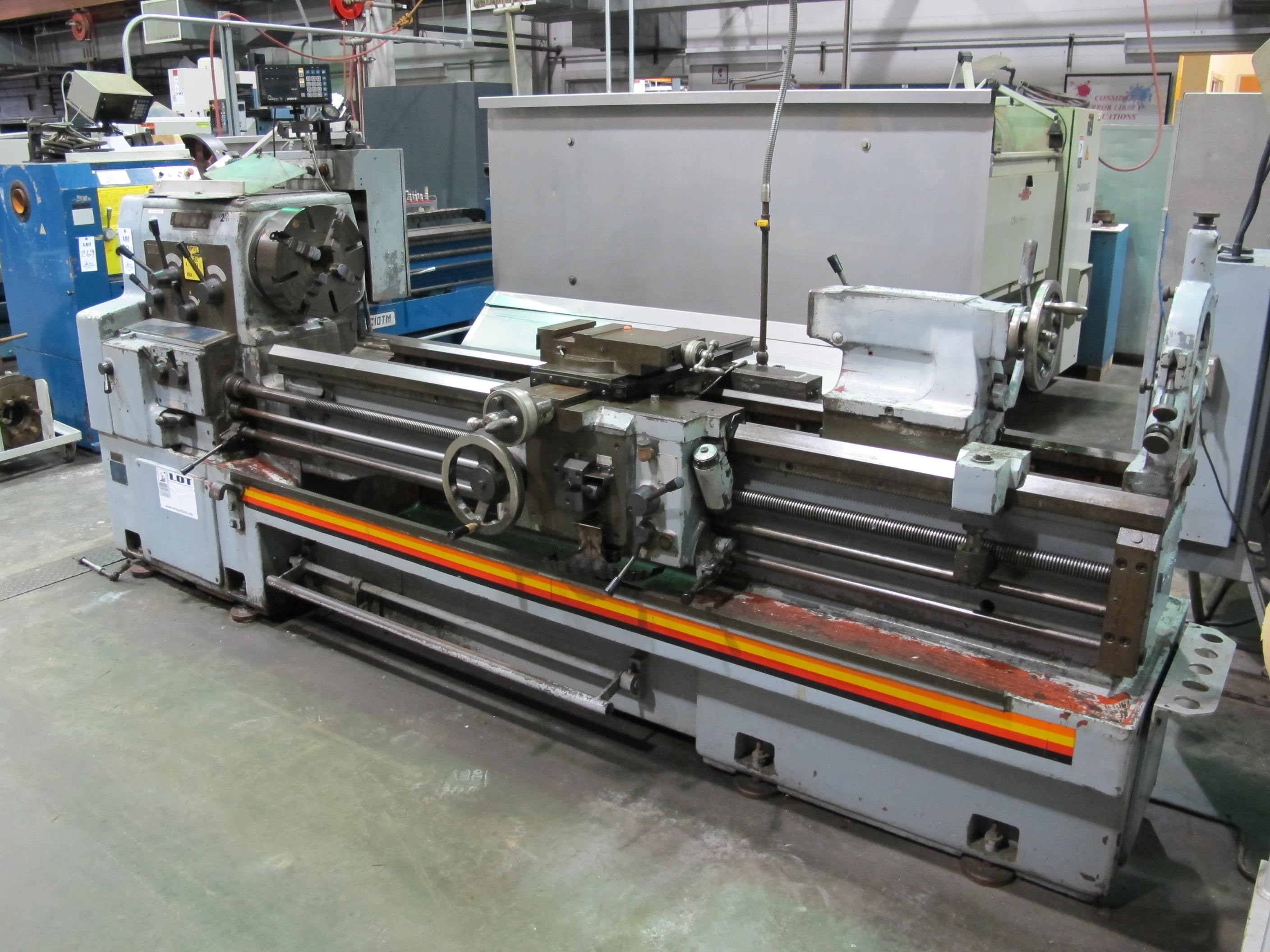 WEBB ENGINE LATHE, GAP BED, 20" X 80" CC, 29" SWING IN GAP, 3" HOLE THRU, 4 JAW CHUCK, (2) STEADY RESTS, COOLANT SYSTEM, FOOT BRAKE, 2 AXIS DRO, S/N 8203-02 (T-10) LOADING & HANDLING FEE $750-271