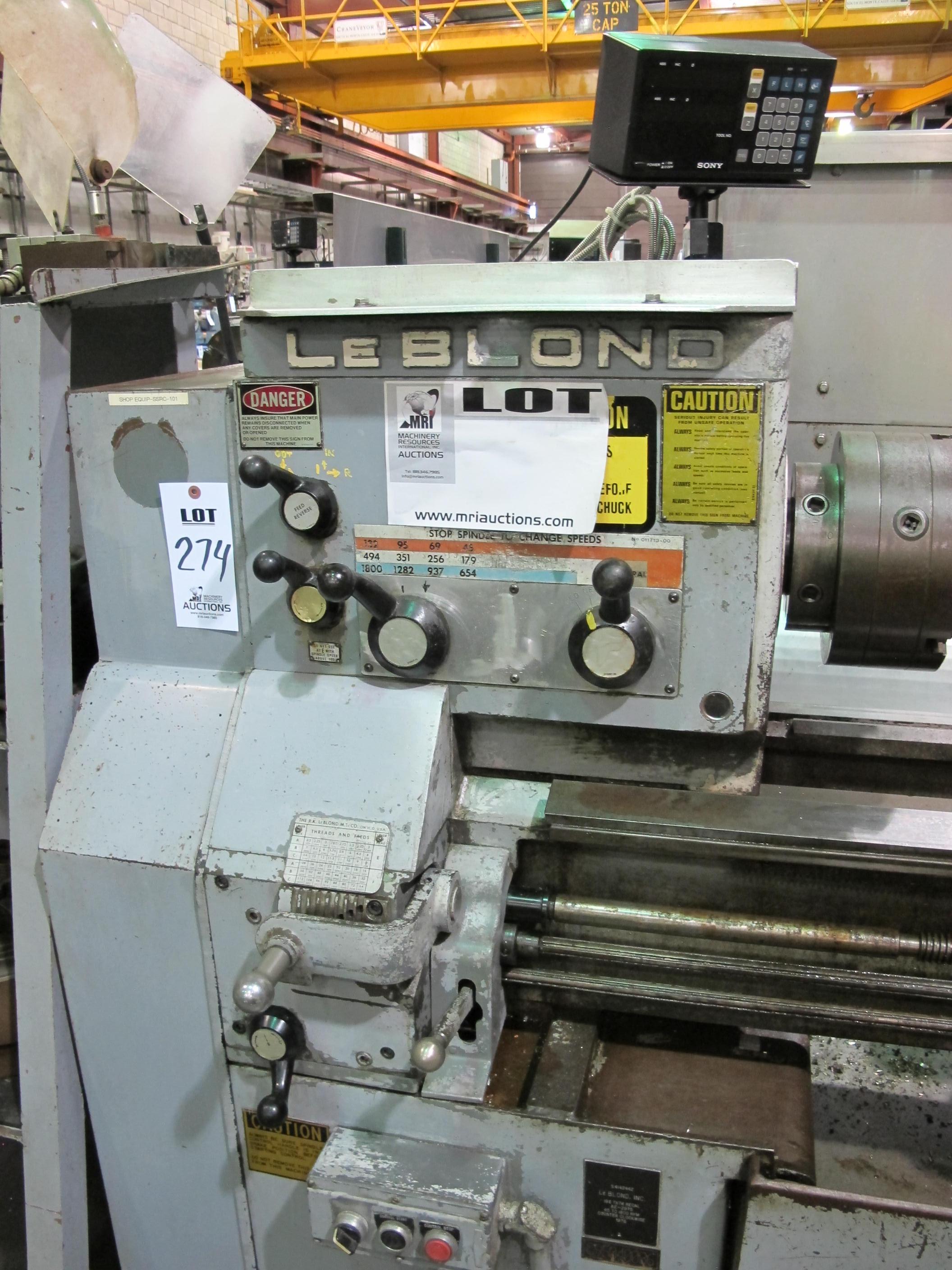 LEBLOND ENGINE LATHE, 20" X 80" CC, 3" HOLE THRU, 3 JAW CHUCK, (2) STEADY RESTS, FOLLOW REST, TAPER ATTACHMENT, COOLANT SYSTEM, 2 AXIS DRO, S/N 2975 (T-10) LOADING & HANDLING FEE $550-274
