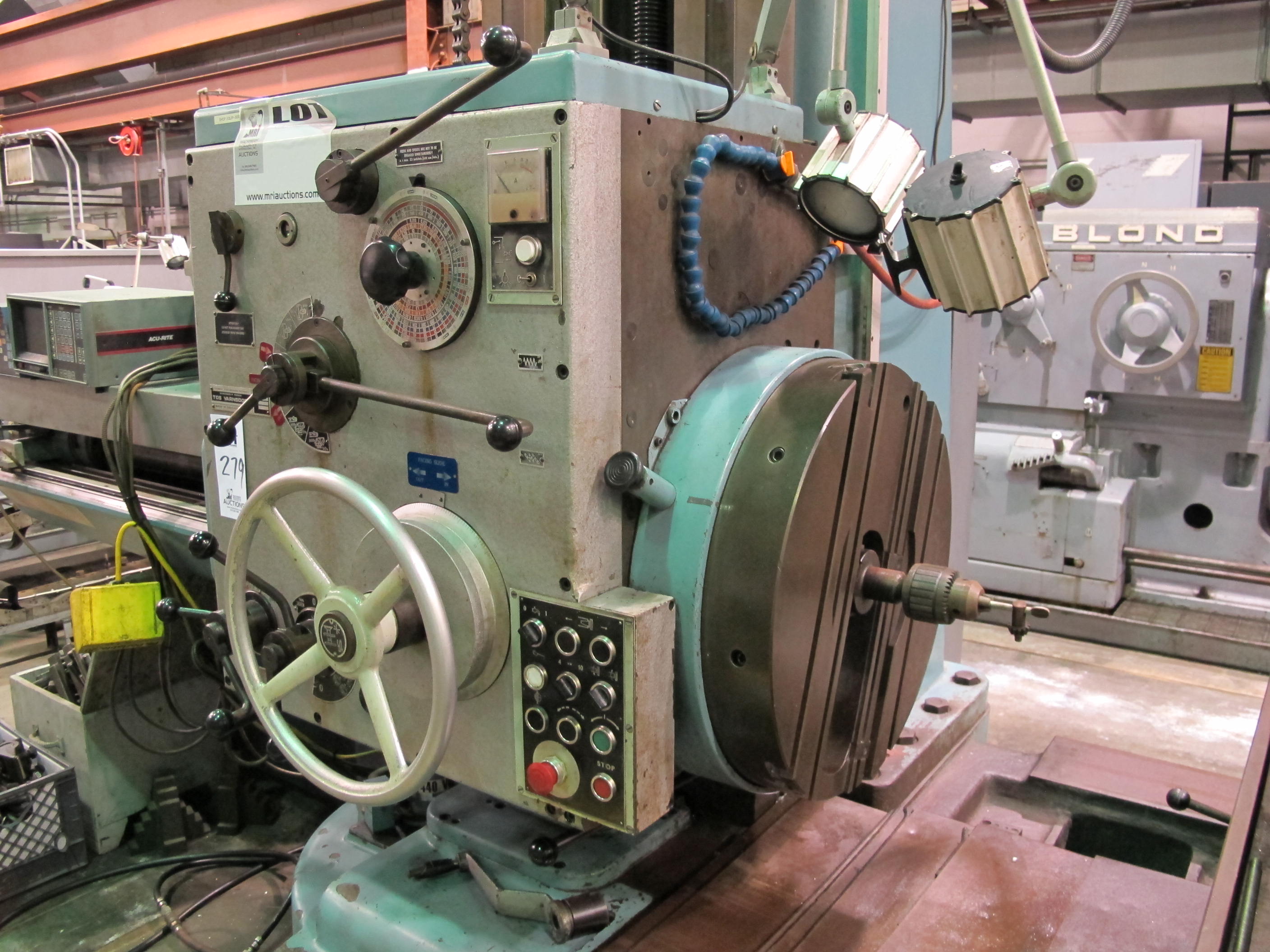 TOS W100A TABLE TYPE HORIZONTAL BORING MILL, 3.93" SPINDLE, ISO 50 TAPER, MAX DIAMETER FACE TURNING: 35.43", TRAVELS: X- 63", Y-44", Z-49", 49" X 49" ROTARY TABLE, 6,600 LB CAPACITY TABLE, TAIL STOCK, FACING HEAD, NUMBER OF SPEEDS 23, 1120 RPM, 4 AXIS DRO, 15 HP, S/N 26-28 (T-10) LOADING & HANDLING FEE $1,500-279