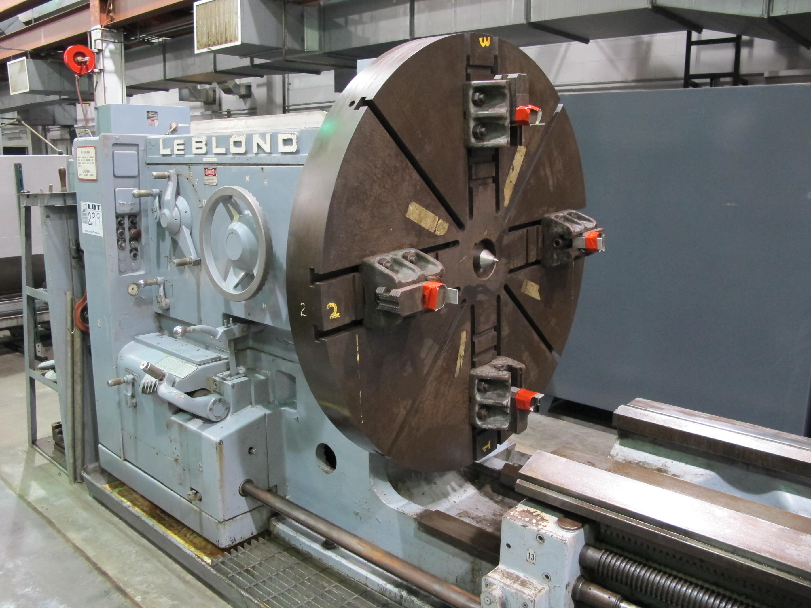 LEBLOND LARGE HEAVY DUTY SLIDING BED LATHE, SERIES NK 4025, 40" X 444", 25" SWING OVER CROSS SLIDE, 57" 4-JAW CHUCK, 5-600 RPM SPINDLE SPEED, TAILSTOCK, TAPER ATTACHMENT, TOOL POST HOLDER, (2) 14" STEADY RESTS, HARDENED & GROUND WAYS, THREAD DIAL, 75 HP, COOLANT, S/N 3NK942-R2877 (T-10) LOADING & HANDLING FEE $3,500-299