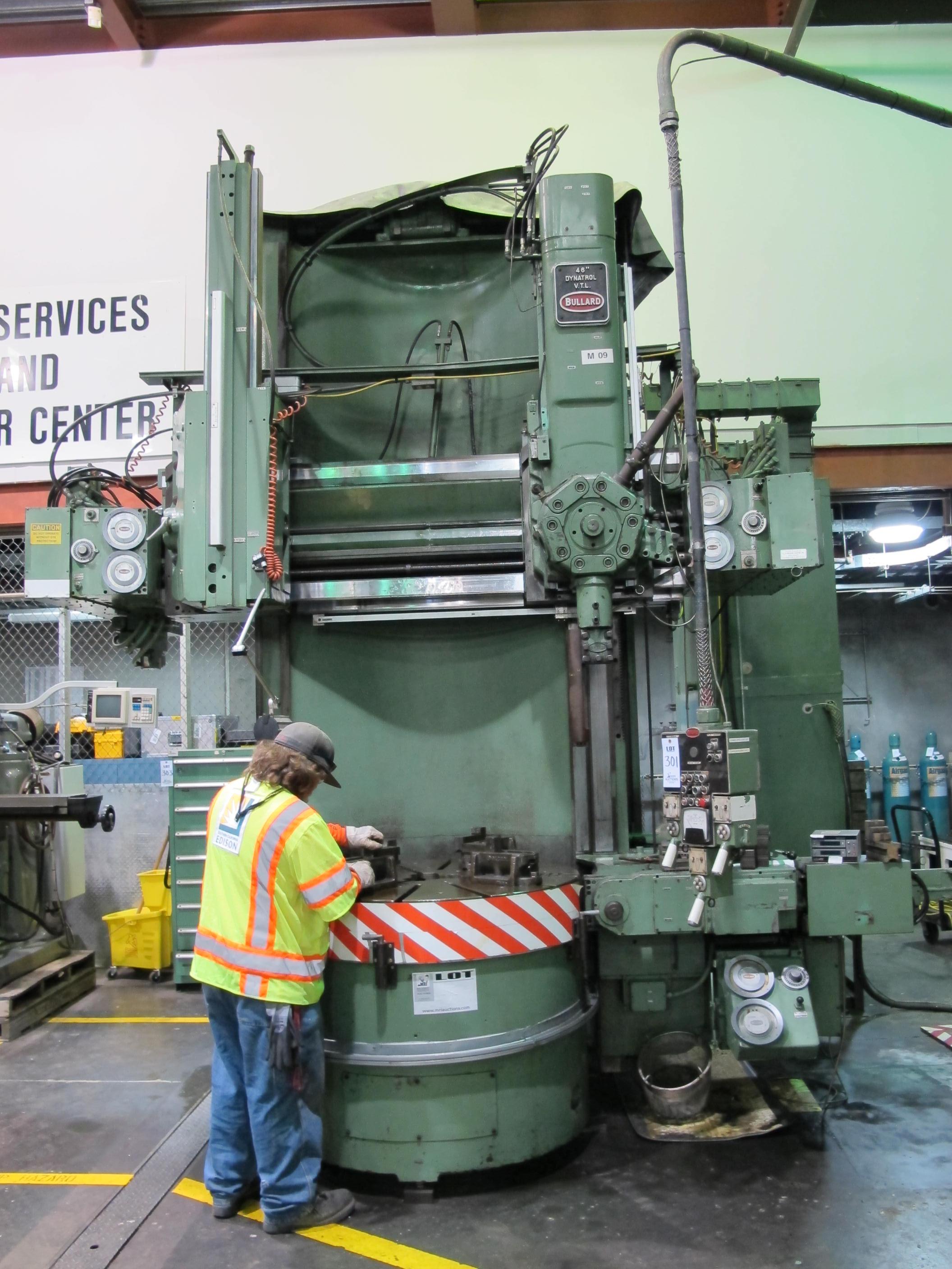 1988 BULLARD DYNATROL VERTICAL HIGH COLUMN TURRET LATHE, 46" ROTARY 4-JAW POWER CHUCK, MAX TURNING DIAMETER W/SIDE HEAD: 58", MAX TURNING HEIGHT UNDER RAIL: 64", 5-POSITION SWIVEL HEAD, SIDE HEAD, TWO RANGE HEAD STOCK, SCAN-O MATIC TRACER, PENDANT CONTROL, 50 HP, ACCU-RITE DRO, S/N 33056 (T-10) LOADING & HANDLING FEE $8,500-301