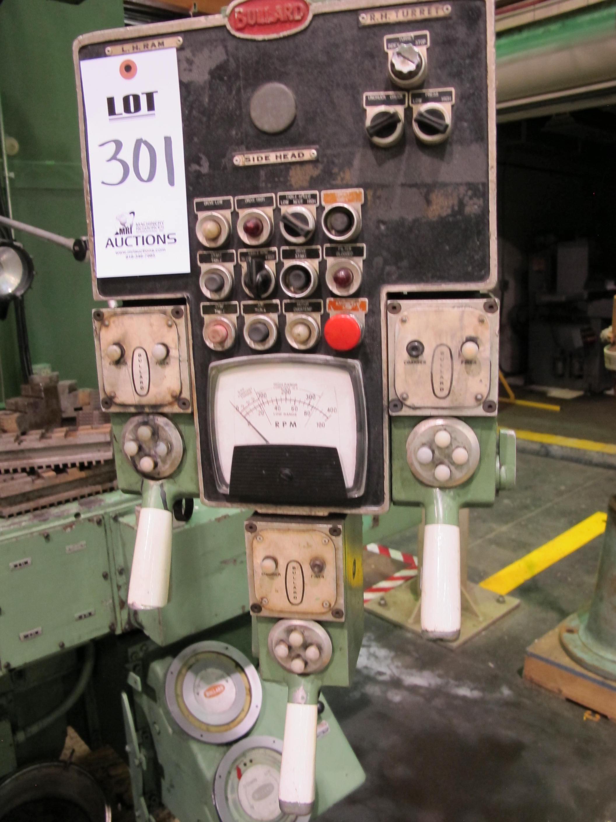 1988 BULLARD DYNATROL VERTICAL HIGH COLUMN TURRET LATHE, 46" ROTARY 4-JAW POWER CHUCK, MAX TURNING DIAMETER W/SIDE HEAD: 58", MAX TURNING HEIGHT UNDER RAIL: 64", 5-POSITION SWIVEL HEAD, SIDE HEAD, TWO RANGE HEAD STOCK, SCAN-O MATIC TRACER, PENDANT CONTROL, 50 HP, ACCU-RITE DRO, S/N 33056 (T-10) LOADING & HANDLING FEE $8,500-301