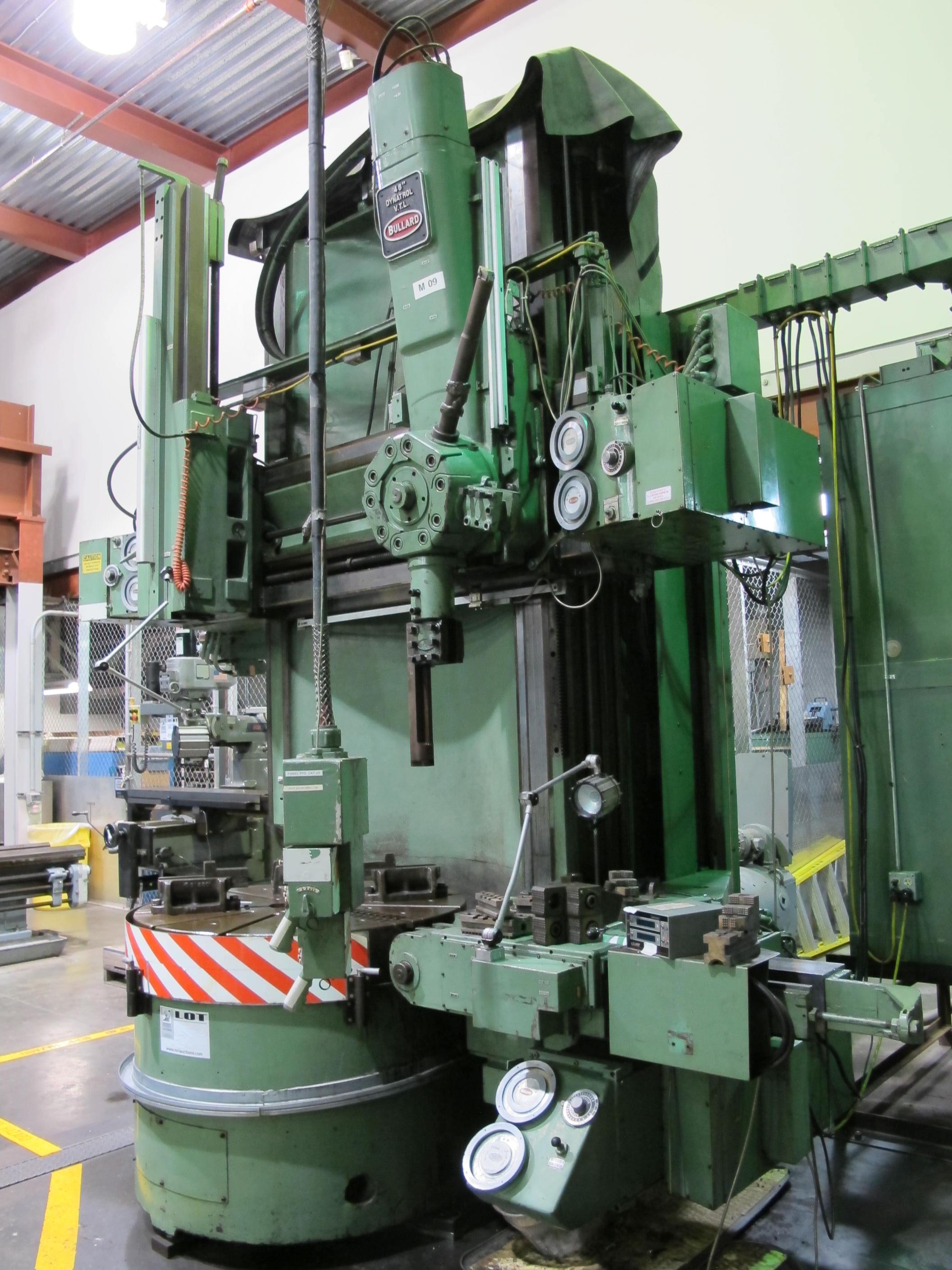 1988 BULLARD DYNATROL VERTICAL HIGH COLUMN TURRET LATHE, 46" ROTARY 4-JAW POWER CHUCK, MAX TURNING DIAMETER W/SIDE HEAD: 58", MAX TURNING HEIGHT UNDER RAIL: 64", 5-POSITION SWIVEL HEAD, SIDE HEAD, TWO RANGE HEAD STOCK, SCAN-O MATIC TRACER, PENDANT CONTROL, 50 HP, ACCU-RITE DRO, S/N 33056 (T-10) LOADING & HANDLING FEE $8,500-301