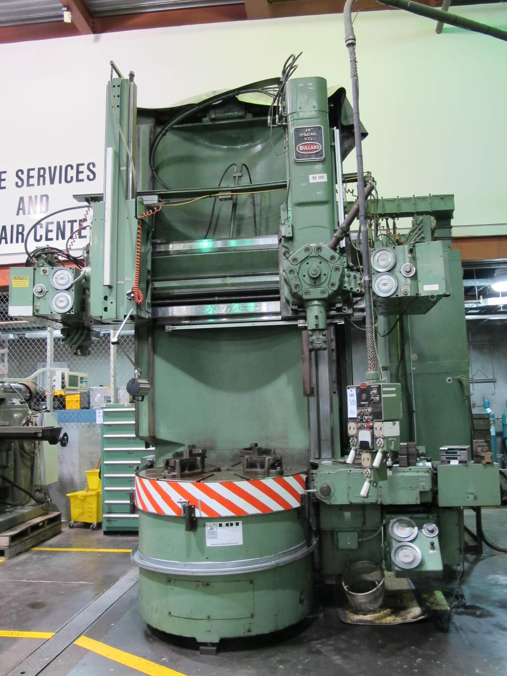 1988 BULLARD DYNATROL VERTICAL HIGH COLUMN TURRET LATHE, 46" ROTARY 4-JAW POWER CHUCK, MAX TURNING DIAMETER W/SIDE HEAD: 58", MAX TURNING HEIGHT UNDER RAIL: 64", 5-POSITION SWIVEL HEAD, SIDE HEAD, TWO RANGE HEAD STOCK, SCAN-O MATIC TRACER, PENDANT CONTROL, 50 HP, ACCU-RITE DRO, S/N 33056 (T-10) LOADING & HANDLING FEE $8,500-301