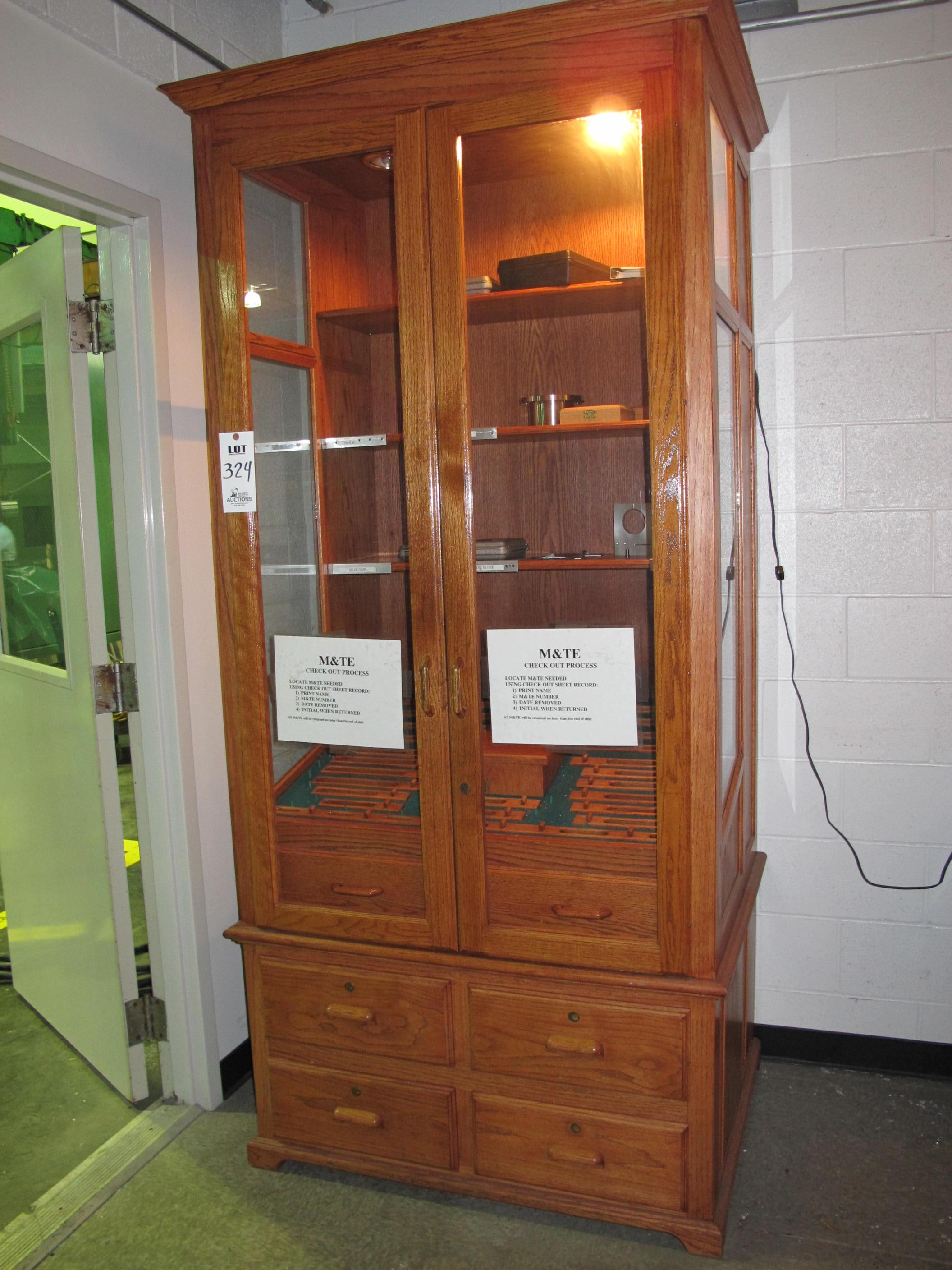 WOOD CABINET W/ CONTENTS & (2) STOOLS (T-10) LOADING & HANDLING FEE $50-324