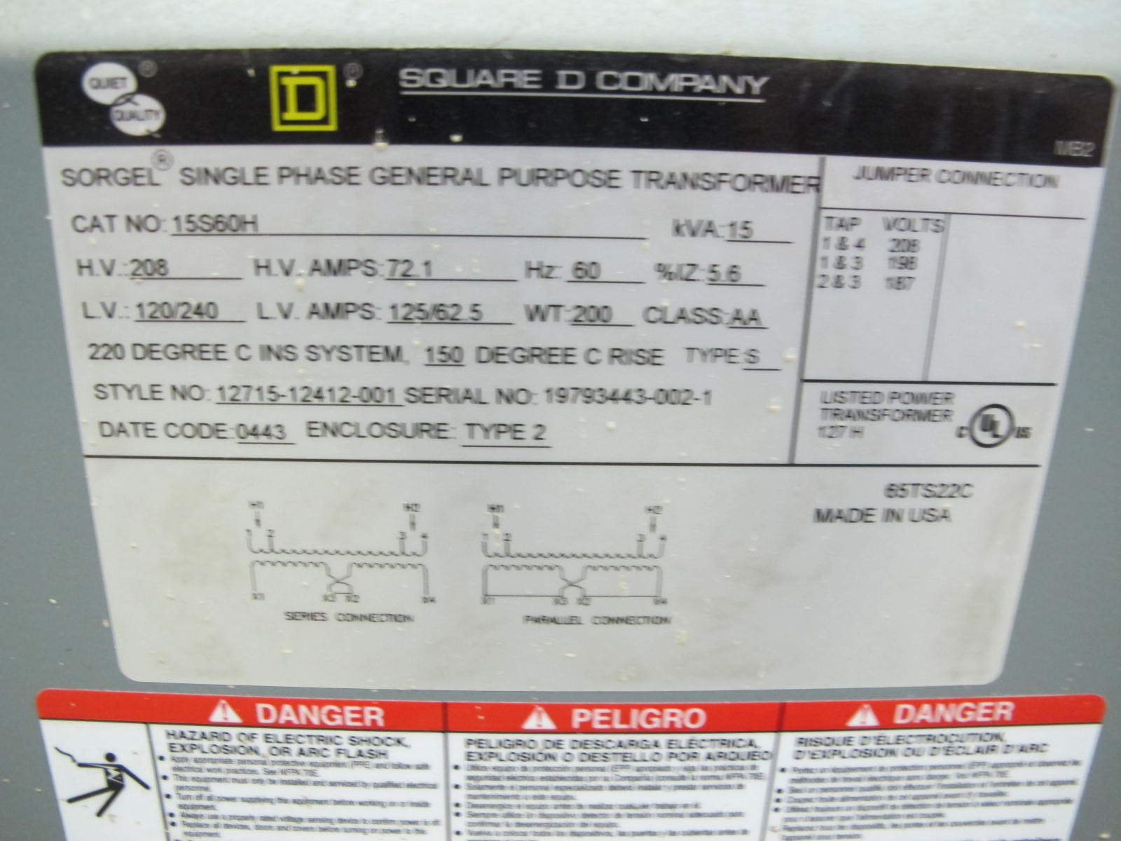 LOT (2) SQUARE D 15KVA SORGEL SINGLE PHASE GENERAL PURPOSE TRANSFORMERS (G-46) LOADING & HANDLING FEE $25-794
