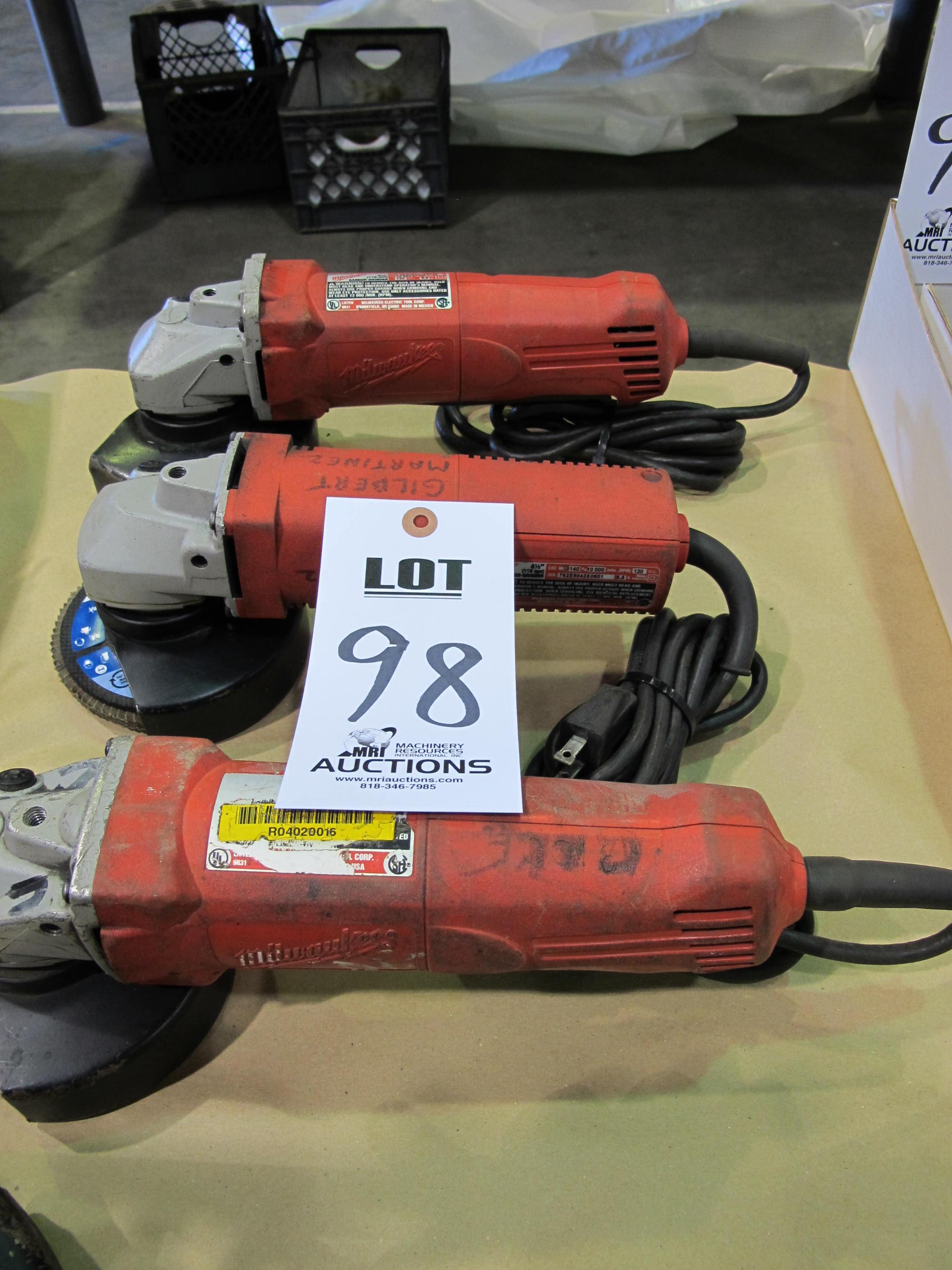 LOT (3) MILWAUKEE ELECTRIC ANGLE GRINDERS (T-10) LOADING & HANDLING FEE $10-98