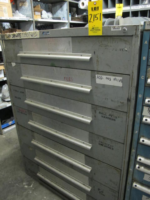 RACK ENGINEERING CO 7-DRAWER INDUSTRIAL PARTS CABINET W/ HOSE, WELDING LEAD AND MISC (G-49) LOADING & HANDLING FEE $50-2151