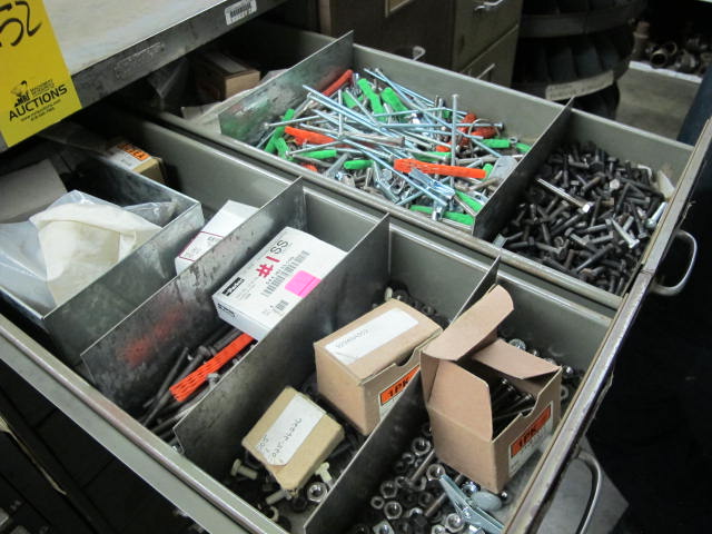 16-DRAWER INDUSTRIAL PARTS CABINET & (2) 4-DRAWER FILE CABINETS W/ NUTS, BOLTS, WASHERS (G-49) LOADING & HANDLING FEE $50-2152
