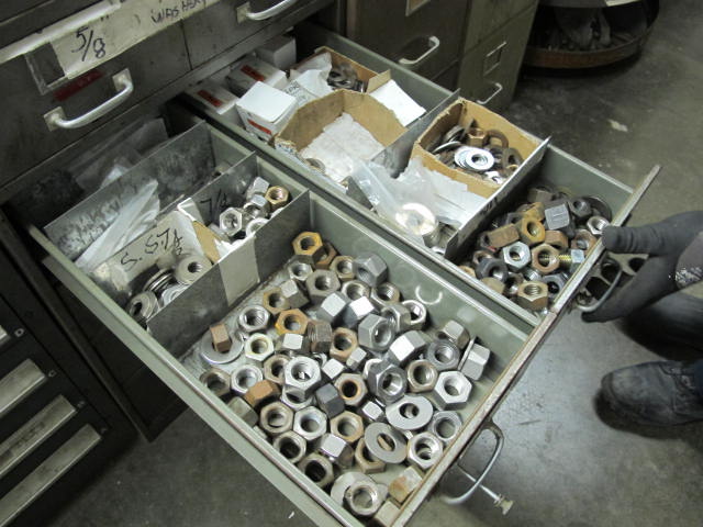 16-DRAWER INDUSTRIAL PARTS CABINET & (2) 4-DRAWER FILE CABINETS W/ NUTS, BOLTS, WASHERS (G-49) LOADING & HANDLING FEE $50-2152