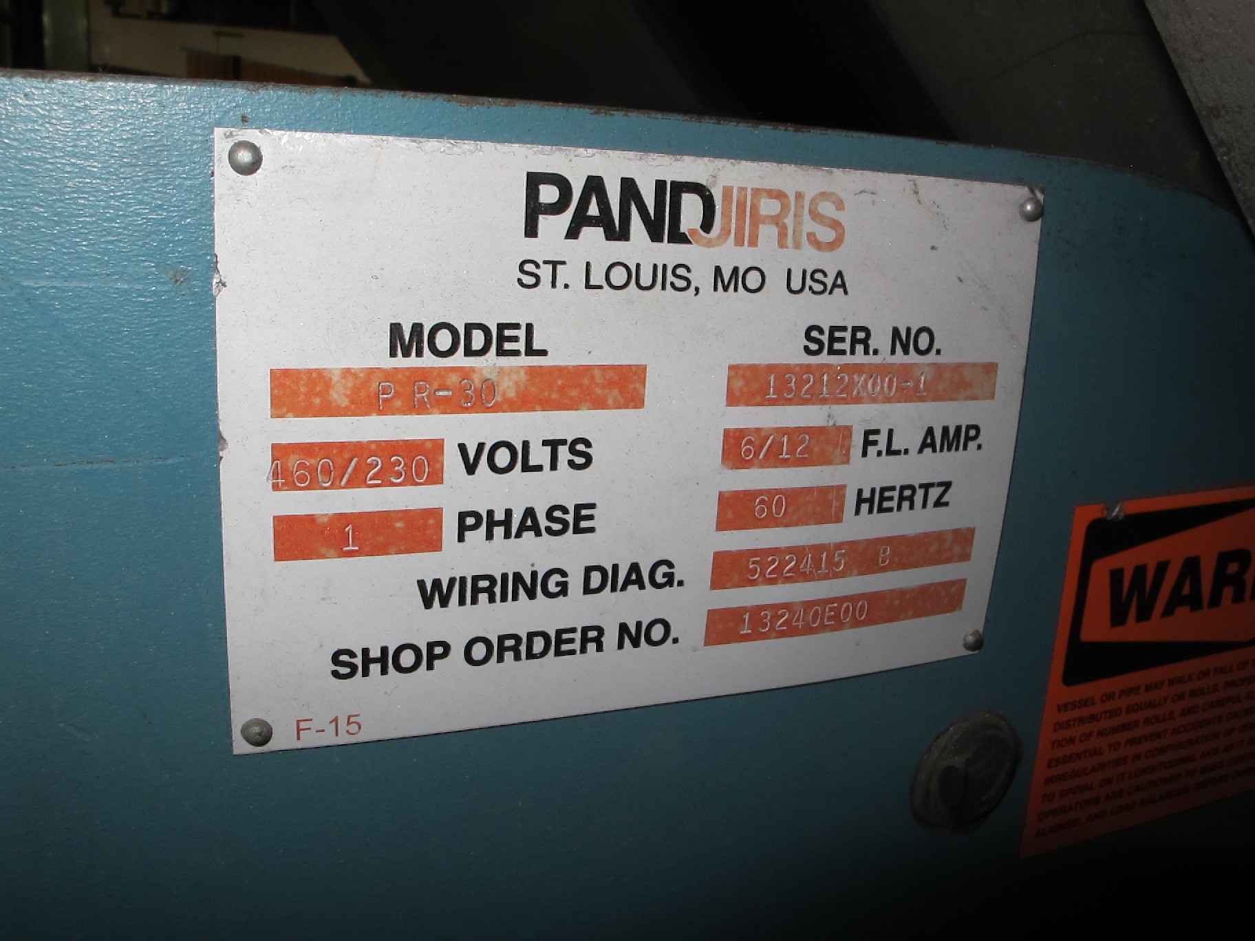 2001 PANDJIRIS PR-30 POWER TANK TURNING ROLL, 30,000 LB TURNING CAPACITY, 17,000 LB LOAD CAPACITY, 6" TO 180" DIAMETER RANGE, PIPE DIAMETER RANGE: 6" -15', 16" WHEELS, S/N 13212X00-1 (G-49) LOADING & HANDLING FEE $1,000-2185