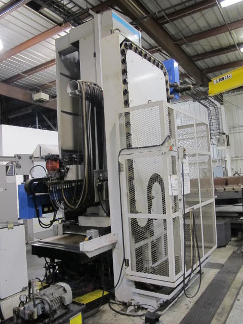 2003 SNK IKEGAI TABLE TYPE HORIZONTAL BORING MILL, NB 130P E3.5, 5.118" SPINDLE DIAMETER, TRAVELS: X-137", Y-98", Z-63", W-27.5", TABLE SIZE: 70.86" X 63", ROTARY TABLE CAPACITY: 22.045 LBS, 2,500 RPM SPINDLE SPEED, CAT 50 TAPER SPINDLE, COOLANT THRU SPINDLE, RIGID TAPPING, 35 HP, 60 ATC, COOL POWER, FANUC 16iMB CNC CONTROL, 5 AXIS SIMULTANEOUS CONTROL, STEEL WAY COVERS, CHIP CONVEYOR, S/N NB4002 (G-49) LOADING & HANDLING FEE $17,500-2188