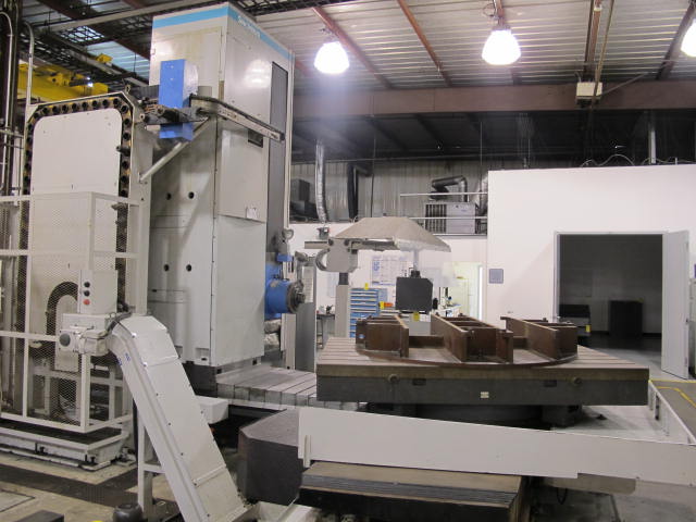 2003 SNK IKEGAI TABLE TYPE HORIZONTAL BORING MILL, NB 130P E3.5, 5.118" SPINDLE DIAMETER, TRAVELS: X-137", Y-98", Z-63", W-27.5", TABLE SIZE: 70.86" X 63", ROTARY TABLE CAPACITY: 22.045 LBS, 2,500 RPM SPINDLE SPEED, CAT 50 TAPER SPINDLE, COOLANT THRU SPINDLE, RIGID TAPPING, 35 HP, 60 ATC, COOL POWER, FANUC 16iMB CNC CONTROL, 5 AXIS SIMULTANEOUS CONTROL, STEEL WAY COVERS, CHIP CONVEYOR, S/N NB4002 (G-49) LOADING & HANDLING FEE $17,500-2188